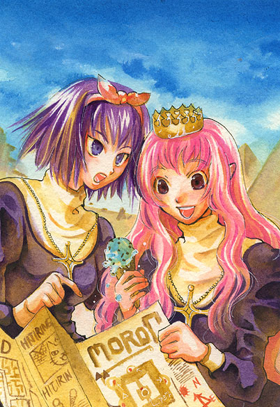 hinoshika tamon, priest (ragnarok online), ragnarok online, commentary request, 2girls, blue sky, bow, bow hairband, brown eyes, cross, cross necklace, crown, desert, dress, food, hairband, holding, holding ice cream cone, holding map, ice cream, ice cream cone, jewelry, long hair, long sleeves, map, mint chocolate, multiple girls, necklace, open mouth, orange bow, outdoors, pink hair, pointy ears, purple dress, purple eyes, purple hair, pyramid (structure), short hair, sky, smile, upper body