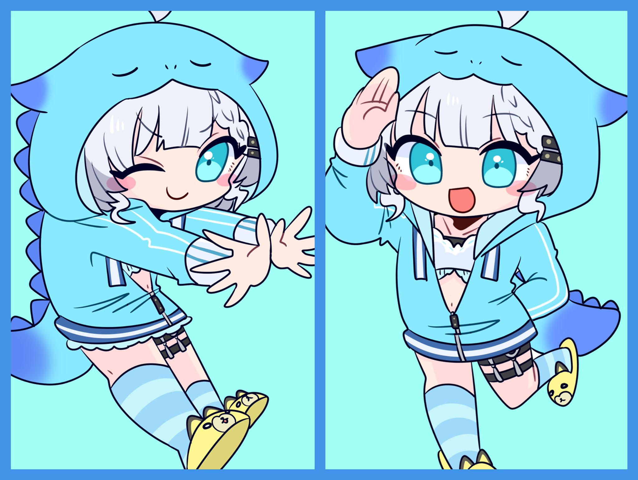 op na yarou, original, override (synthesizer v), character request, commentary request, highres, 1girl, :d, ahoge, animal hood, animal slippers, arm up, asymmetrical legwear, blue border, blue eyes, blue hoodie, blue socks, blunt bangs, blush, border, borrowed character, braid, closed mouth, collarbone, dinosaur hood, dinosaur tail, drawstring, full body, gradient clothes, green background, hair ornament, hand in pocket, hands up, happy, hood, hood up, hoodie, kneehighs, long sleeves, looking at viewer, medium hair, midriff, multiple views, navel, no nose, one eye closed, open mouth, partially unzipped, sidelocks, simple background, single braid, slippers, smile, socks, standing, standing on one leg, striped clothes, striped socks, tail, thigh strap, thighs, uneven legwear, v-shaped eyebrows, white hair, yellow slippers