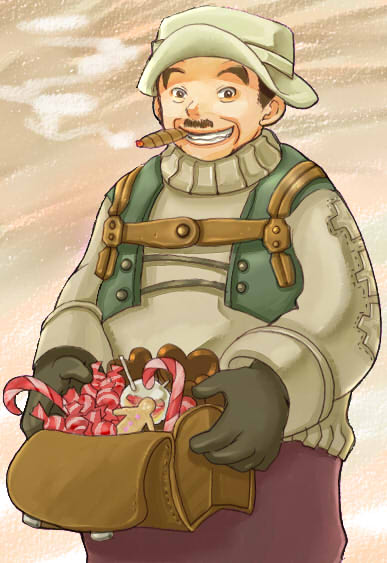 hinoshika tamon, merchant (ragnarok online), ragnarok online, commentary request, 1boy, bag, black gloves, brown eyes, brown hair, candy, candy cane, cigar, cowboy shot, facial hair, food, gingerbread man, gloves, green vest, grey sweater, grin, holding, holding bag, long sleeves, looking at viewer, male focus, mustache, open clothes, open vest, short hair, smile, solo, sweater, vest