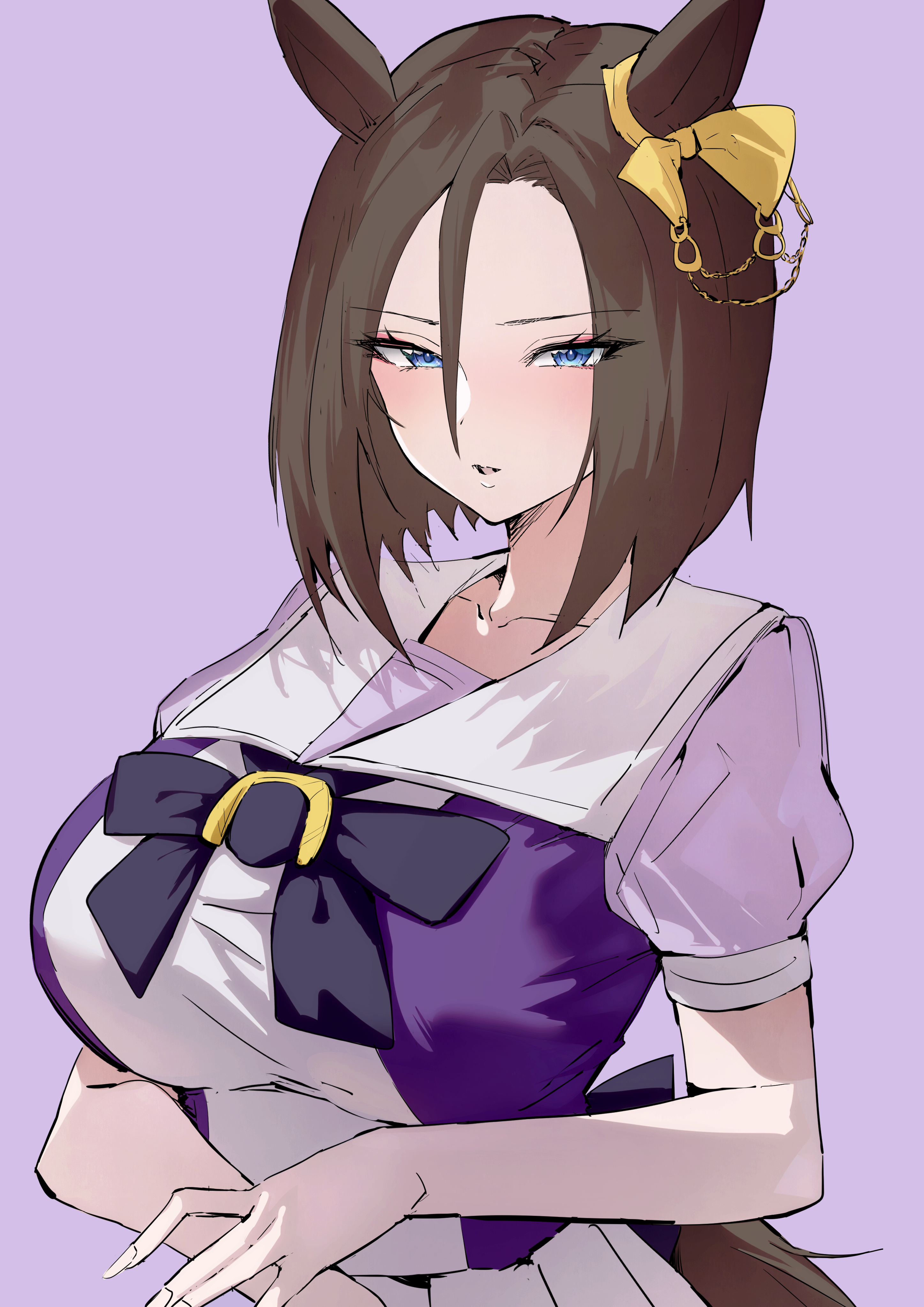 katagiri nanoka, air groove (umamusume), umamusume, absurdres, commentary request, highres, 1girl, animal ears, black bow, black bowtie, blue eyes, bow, bowtie, breasts, brown hair, ear ornament, horse ears, horse girl, horseshoe ornament, large breasts, looking at viewer, multicolored shirt, pink background, purple shirt, sailor collar, school uniform, shirt, short hair, short sleeves, simple background, solo, tracen school uniform, upper body, white sailor collar
