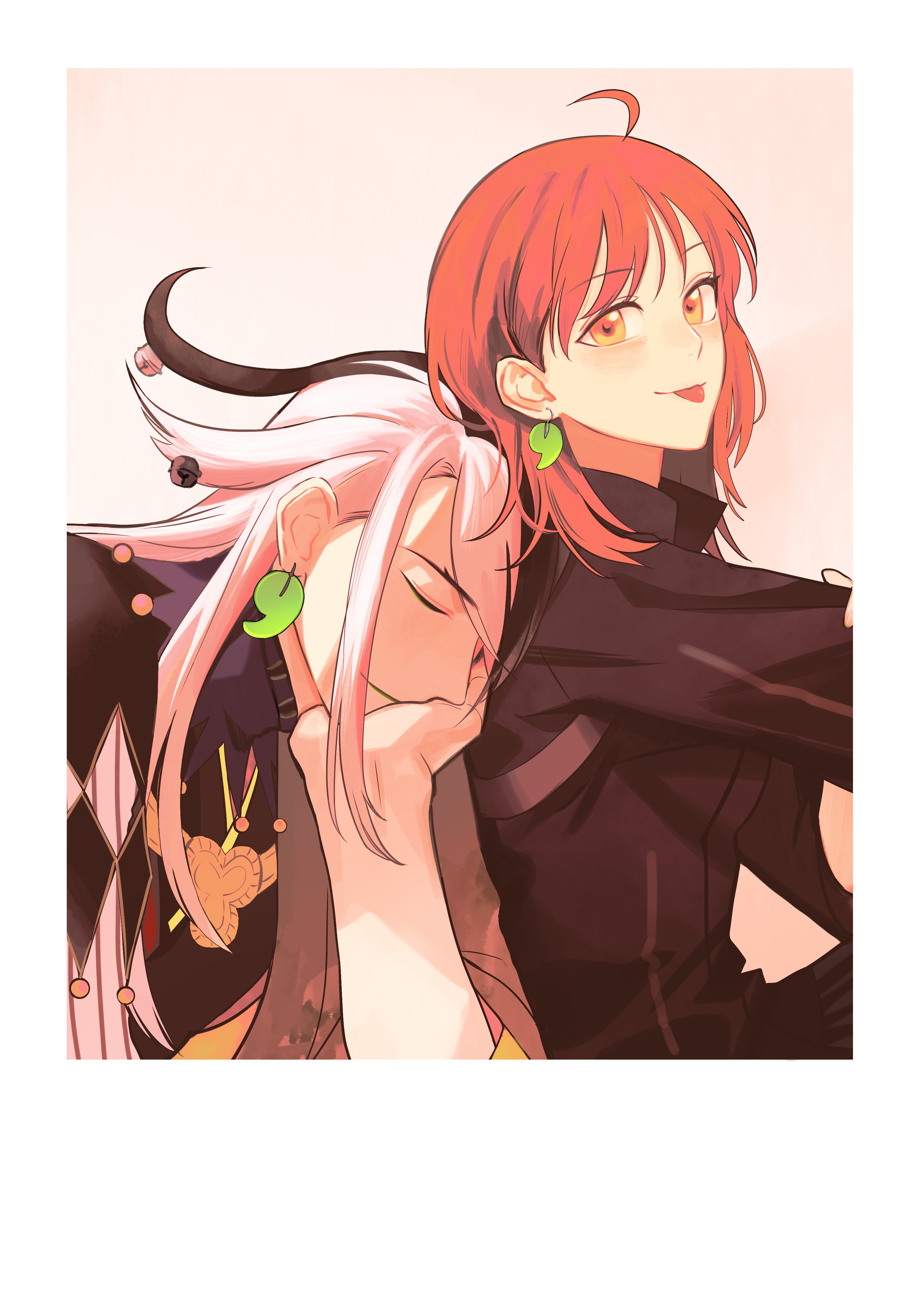 kotomine (a1569), ashiya douman (fate), fujimaru ritsuka (female), fujimaru ritsuka (female) (polar chaldea uniform), fate/grand order, fate (series), absurdres, highres, 1boy, 1girl, ahoge, bell, black shirt, border, closed eyes, closed mouth, earrings, hair bell, hair ornament, jewelry, long hair, magatama, magatama earrings, matching earrings, multicolored hair, orange eyes, shirt, split-color hair, tongue, tongue out, white border