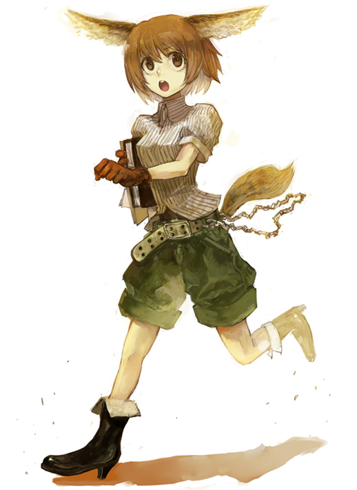 shrimpman, original, bad id, bad pixiv id, animal ears, belt, boots, brown eyes, brown hair, gloves, running, short hair, shorts, solo, tail