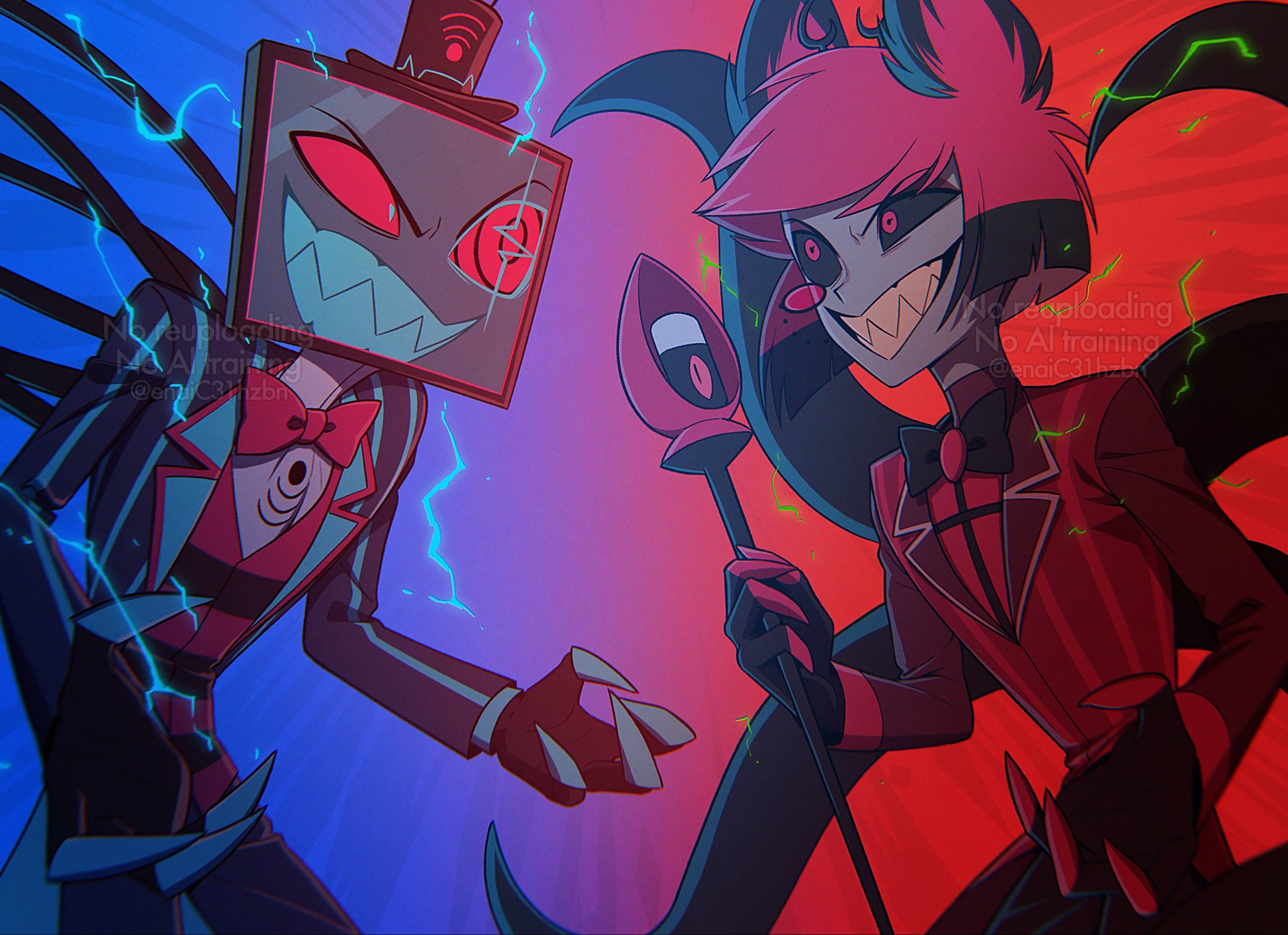 menma (enaic31), alastor (hazbin hotel), vox (hazbin hotel), hazbin hotel, hellaverse, commentary, highres, 2boys, :d, animal ears, antlers, black bow, black bowtie, black coat, black hair, black hat, black pants, black sclera, black vest, blue background, blue coat, blue eyes, blue teeth, blurry, bob cut, bow, bowtie, brooch, coat, colored sclera, colored skin, colored teeth, colored tips, cowboy shot, deer antlers, deer boy, deer ears, depth of field, electricity, eye contact, fewer digits, film grain, gradient background, grey skin, grin, hat, holding, holding staff, horns, inverted bob, jewelry, long sleeves, looking at another, male focus, monocle, multicolored coat, multicolored hair, multiple boys, object head, open clothes, open coat, open mouth, pants, red background, red bow, red bowtie, red coat, red eyes, red hair, red sclera, red vest, ringed eyes, sharp teeth, shirt, short hair, simple background, smile, staff, standing, striped clothes, striped coat, striped vest, teeth, television, tentacles, top hat, traditional bowtie, twitter username, two-tone coat, two-tone vest, uneven eyes, v-shaped eyebrows, vertical-striped coat, vest, watermark, white shirt, yellow teeth