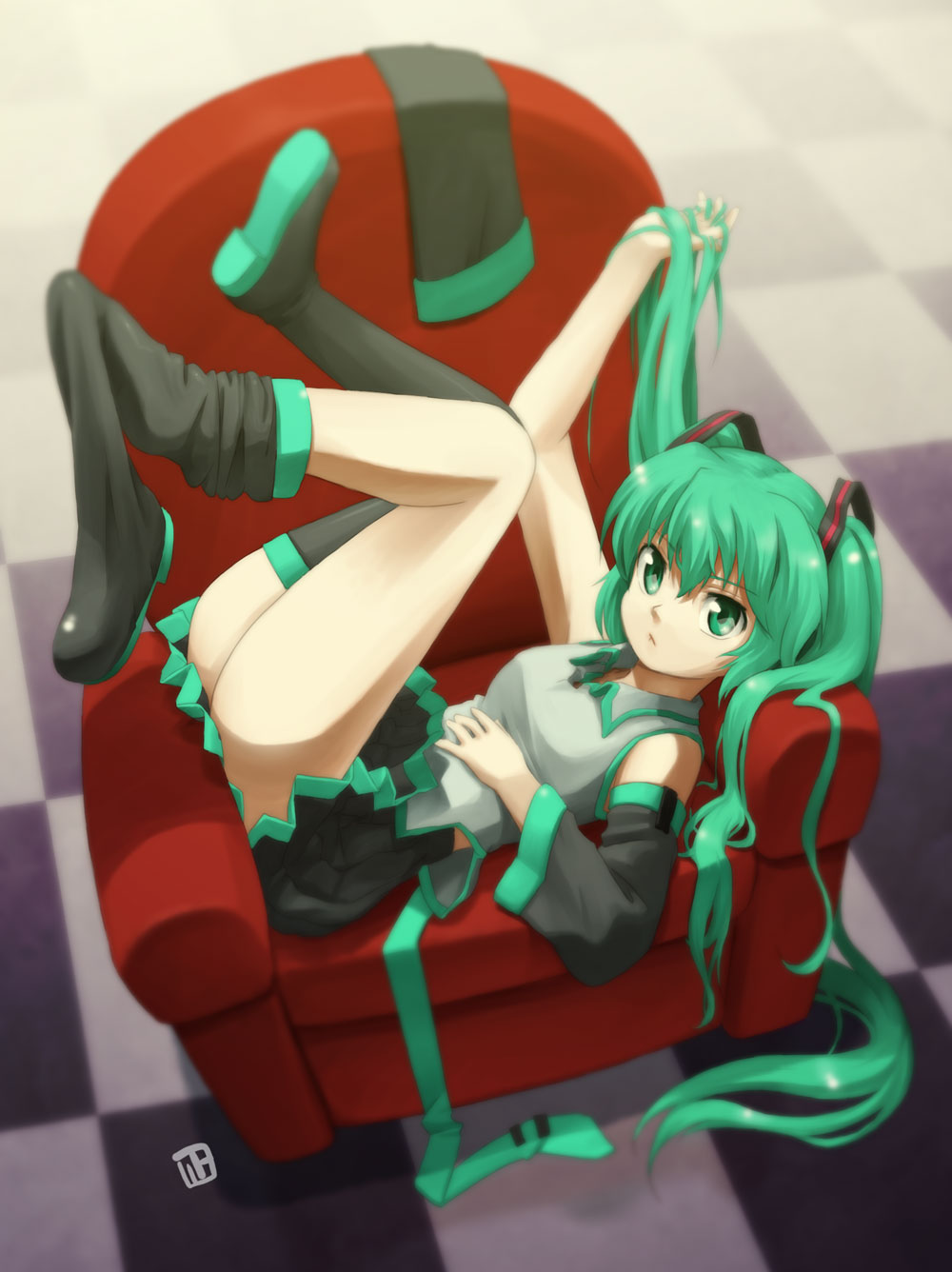 nagian, hatsune miku, vocaloid, highres, 1girl, :<, artistic error, boots, chair, couch, detached sleeves, female focus, full body, green eyes, green hair, legs, long hair, lying, matching hair/eyes, shoe dangle, skirt, solo, thigh boots, thighhighs, undressing, very long hair
