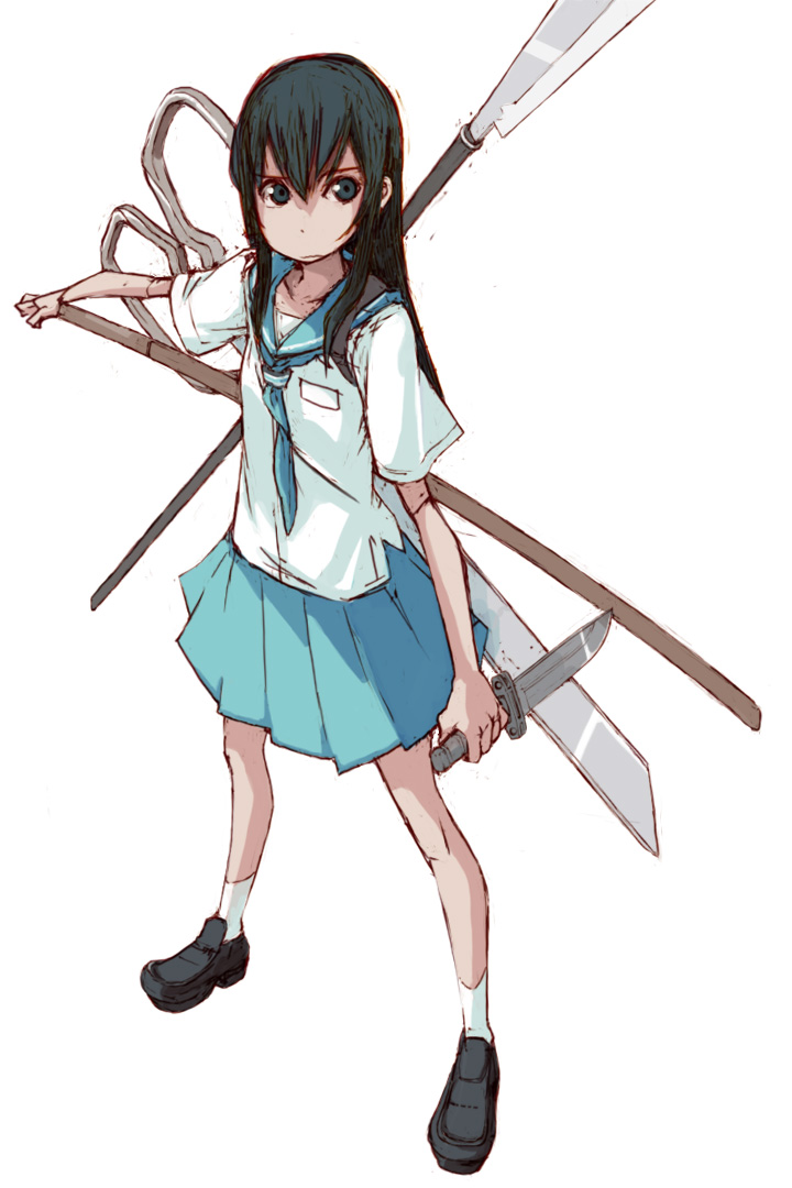tugeneko, original, 1girl, black eyes, black hair, female focus, katana, knife, long hair, oversized object, polearm, school uniform, scissors, serafuku, shirasaya, skirt, solo, spear, sword, weapon