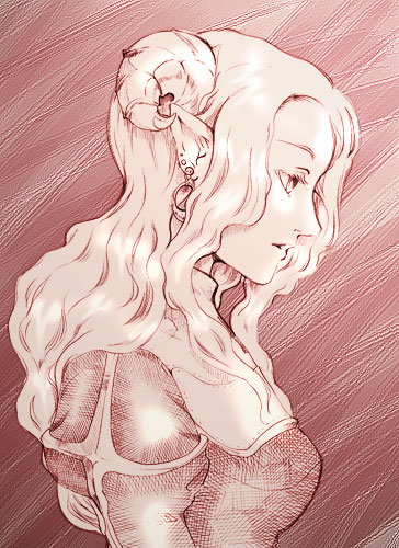 hinoshika tamon, high priest (ragnarok online), ragnarok online, commentary request, lowres, 1girl, breasts, brown theme, closed mouth, curled horns, dress, earrings, expressionless, horns, jewelry, juliet sleeves, long hair, long sleeves, medium breasts, monochrome, pointy ears, profile, puffy sleeves, sidelocks, solo, upper body, wavy hair