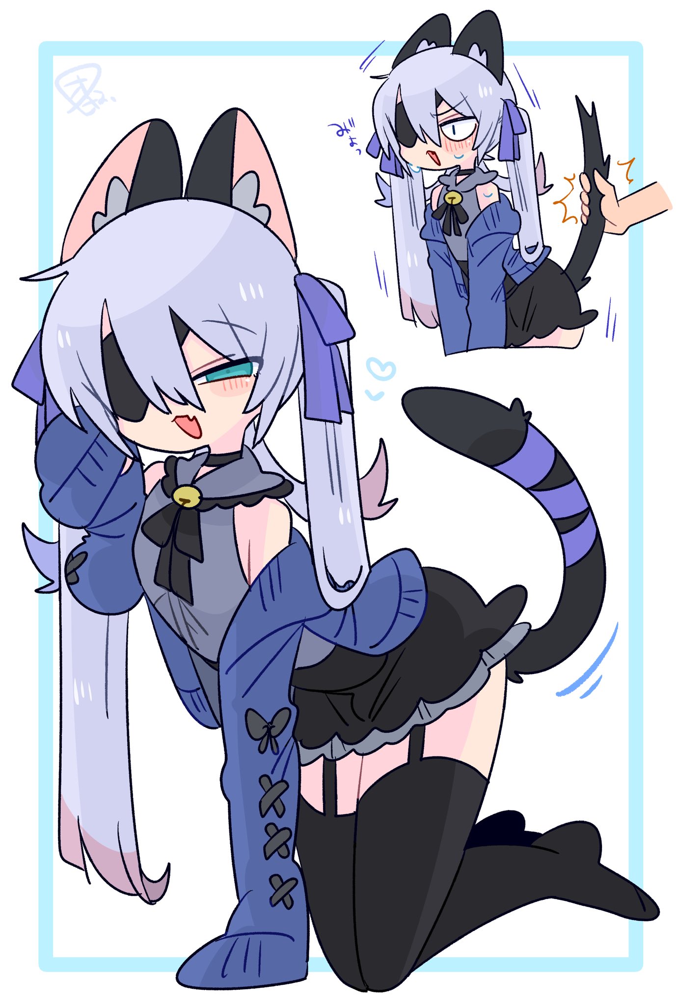 op na yarou, original, commentary, highres, 1boy, :3, ^^^, all fours, animal ear fluff, animal ears, bare shoulders, bell, black choker, black corset, black ribbon, black skirt, black tail, black thighhighs, black trim, blue bow, blue cardigan, blue eyes, blue hair, blush, bow, bulge, cardigan, cat boy, cat ears, cat tail, choker, collared shirt, colored tips, corset, cowboy shot, crossdressing, crossdressing (mtf), disembodied hand, double-parted bangs, eyepatch, fang, flipped hair, frilled shirt collar, frills, full body, garter straps, grey shirt, grey trim, hair between eyes, hair bow, hand up, heart, jingle bell, kneeling, long hair, long sleeves, looking at viewer, male focus, miniskirt, motion lines, multicolored hair, multiple views, narrowed eyes, neck bell, neck ribbon, no nose, no shoes, off shoulder, one eye covered, open cardigan, open clothes, open mouth, paw pose, quad tails, raised eyebrows, red hair, ribbon, rigel (op na yarou), shirt, sidelocks, simple background, skin fang, skirt, sleeveless, sleeveless shirt, sleeves past fingers, sleeves past wrists, straight hair, surprised, sweat, tail, tail grab, thighhighs, thighs, trap, v-shaped eyebrows, v arms, very long hair, watermark, white background, white hair