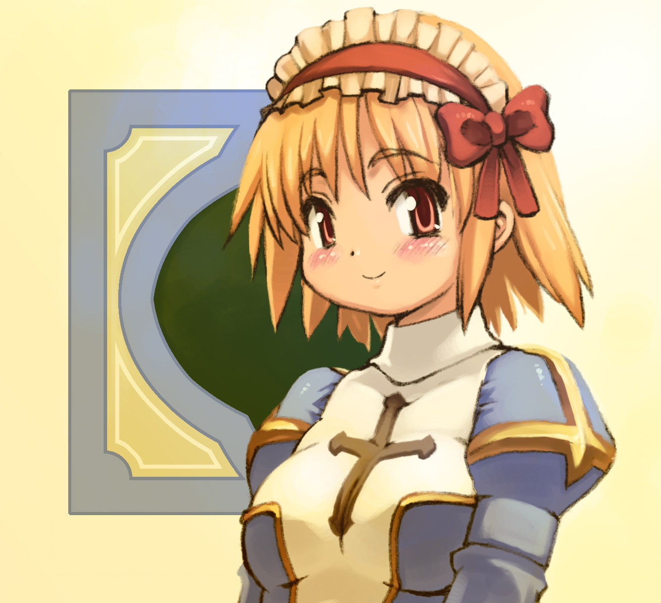 yu 3, high priest (ragnarok online), ragnarok online, commentary request, 1girl, blonde hair, blush, bow, breasts, brown eyes, closed mouth, cross, dress, frilled hairband, frills, hair bow, hairband, juliet sleeves, long sleeves, looking at viewer, medium breasts, puffy sleeves, red bow, red dress, red hairband, short hair, smile, solo, two-tone dress, upper body, white dress, yellow background