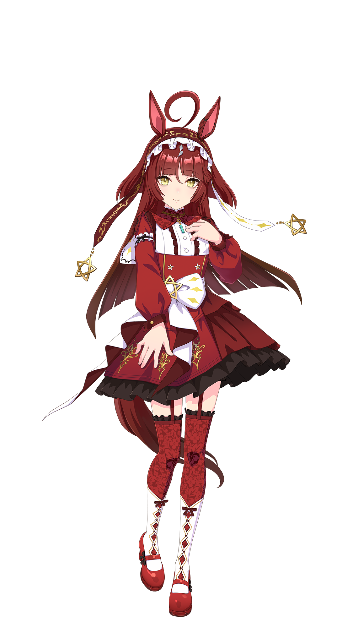 umamusume, commentary request, highres, official art, 1girl, ahoge, animal ears, blunt bangs, breasts, brown hair, closed mouth, full body, hair between eyes, hair ornament, horse ears, horse tail, long hair, looking at viewer, red desire (umamusume), ribbon, shoes, small breasts, smile, solo, standing, tail, thighhighs, transparent background, yellow eyes