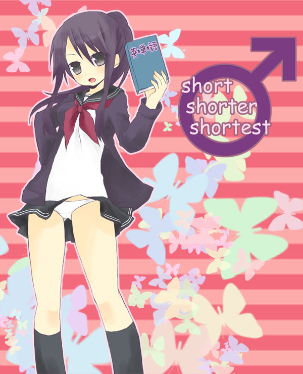 hinazaki, yuri lowell, tales of (series), tales of vesperia, bad id, bad pixiv id, 00s, 1girl, book, female focus, genderswap, genderswap (mtf), kneehighs, looking at viewer, mars symbol, open mouth, panties, purple hair, school uniform, socks, solo, underwear