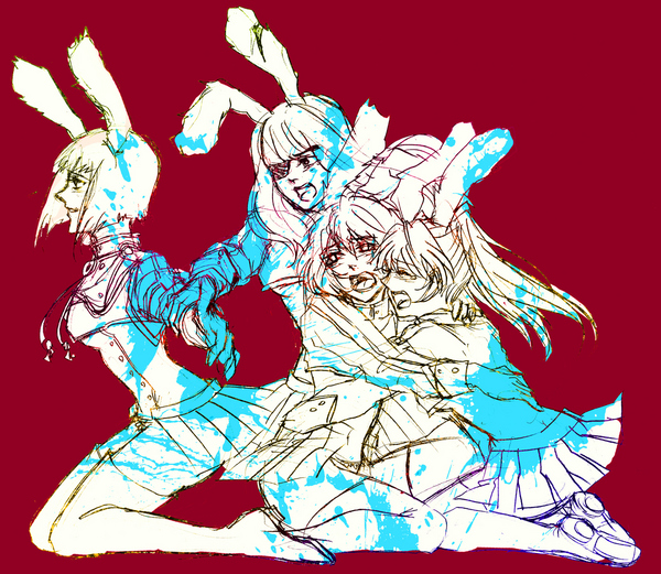 chiester00, chiester410, chiester45, chiester556, chiester sisters, umineko no naku koro ni, 00s, 4girls, animal ears, armband, blood, eyepatch, hug, long hair, monochrome, multiple girls, rabbit ears, red background, short hair, showgirl skirt, sketch, tears, thighhighs, twintails, zettai ryouiki