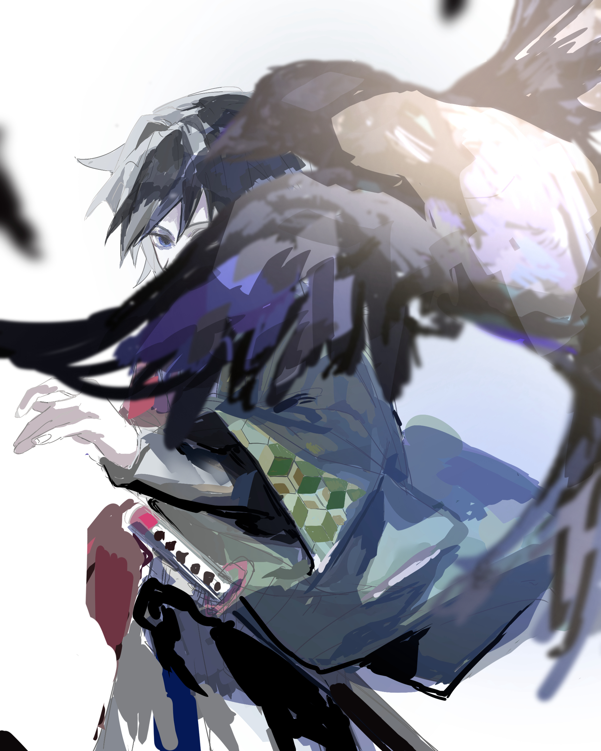 kanzaburou (kimetsu no yaiba), tomioka giyuu, kimetsu no yaiba, absurdres, highres, 1boy, bird, black hair, black jacket, black pants, blue eyes, crow, demon slayer uniform, hand up, haori, jacket, japanese clothes, katana, kikkoumon, long hair, male focus, pants, print haori, red haori, siro neko322, solo, spiked hair, sword, weapon