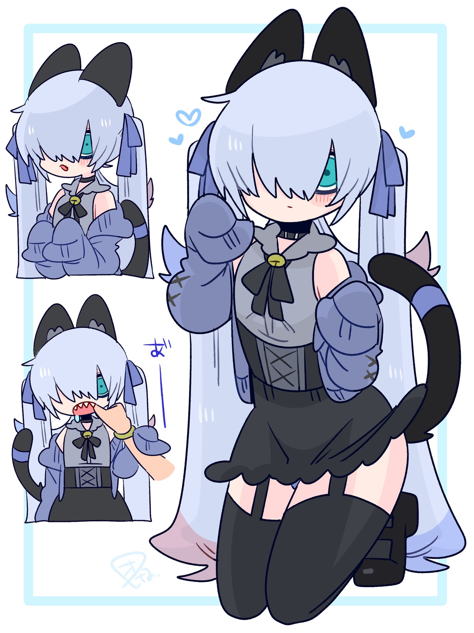 op na yarou, original, commentary, highres, 1boy, :/, animal ear fluff, animal ears, bare shoulders, bell, black choker, black corset, black ribbon, black shoes, black skirt, black tail, black thighhighs, blue bow, blue cardigan, blue eyes, blue hair, blue panties, blue ribbon, blush, bow, bulge, cardigan, cat boy, cat ears, cat tail, choker, collared shirt, colored tips, corset, crossdressing, crossdressing (mtf), disembodied hand, double-parted bangs, drooling, fangs, finger in another's mouth, flipped hair, frilled shirt collar, frills, full body, garter straps, grey shirt, hair between eyes, hair bow, hair over one eye, hand on another's wrist, hand up, hands up, heart, jingle bell, kneeling, long hair, long sleeves, looking at viewer, male focus, miniskirt, multicolored hair, multiple views, neck bell, neck ribbon, no nose, off shoulder, one eye covered, open cardigan, open clothes, open mouth, panties, panty peek, parted lips, paw pose, quad tails, red hair, ribbon, rigel (op na yarou), shirt, shoes, sidelocks, simple background, skirt, sleeveless, sleeveless shirt, sleeves past fingers, sleeves past wrists, straight hair, tail, tail ornament, tail ribbon, thighhighs, thighs, trap, underwear, upper body, very long hair, watermark, white background, white hair, wide-eyed