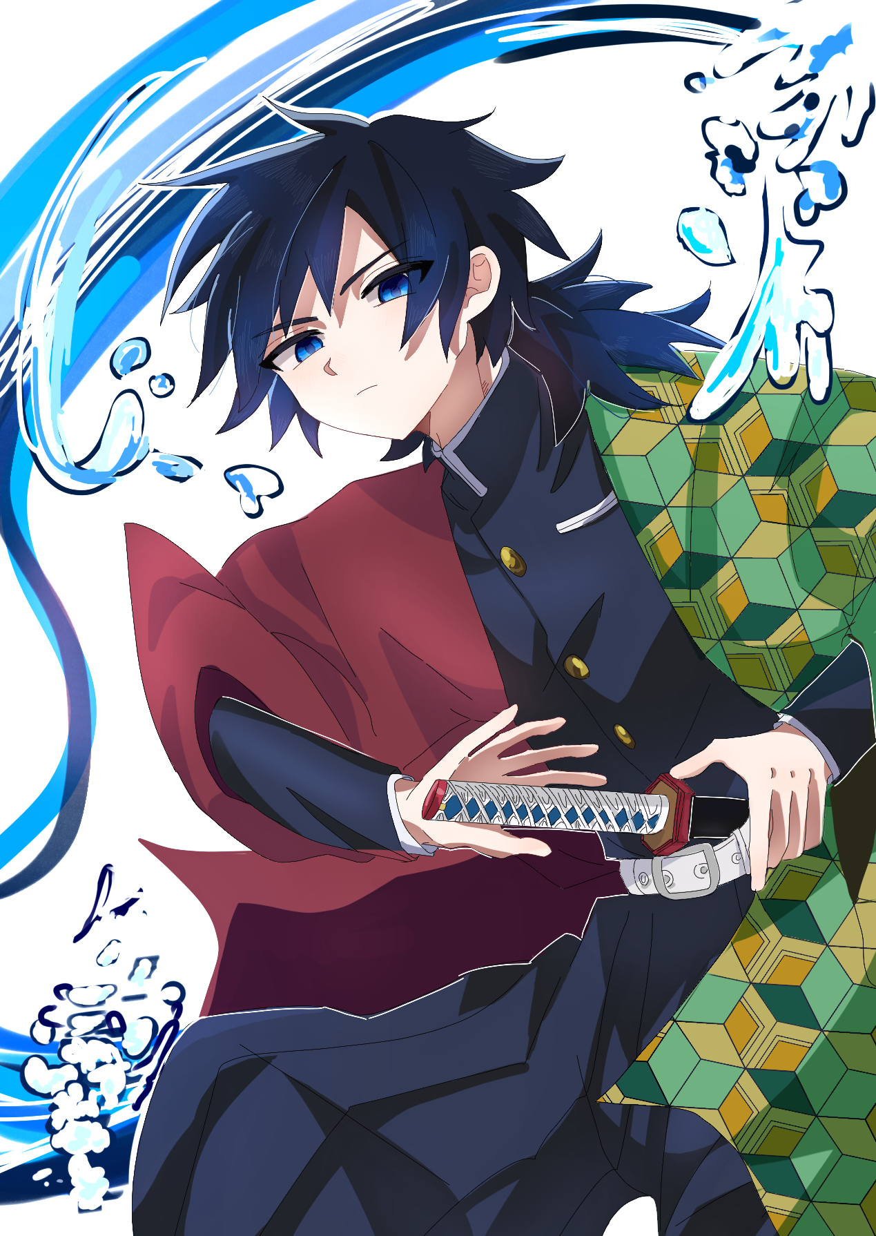 tomioka giyuu, kimetsu no yaiba, highres, 1boy, belt, black hair, black jacket, black pants, blue eyes, buttons, closed mouth, demon slayer uniform, gold buttons, hair between eyes, haori, high collar, holding, holding sword, holding weapon, jacket, japanese clothes, katana, kikkoumon, long hair, low ponytail, male focus, mimiodisan, pants, ponytail, print haori, red haori, solo, spiked hair, sword, water, weapon, white background, white belt