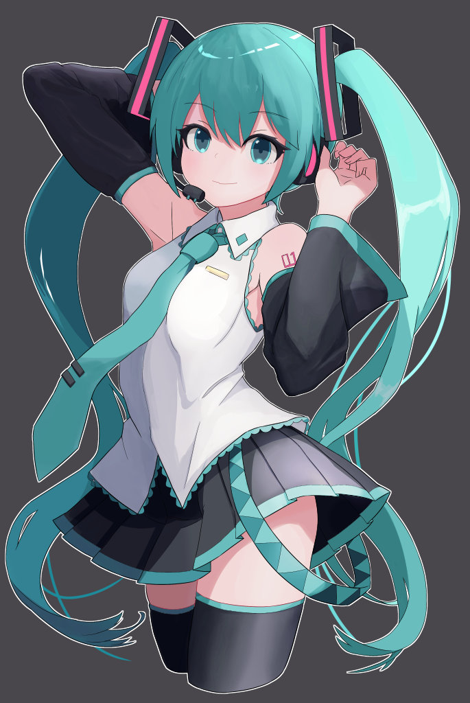 hiyoshipow, hatsune miku, vocaloid, commentary request, 1girl, aqua eyes, aqua hair, aqua trim, arm tattoo, arm up, black skirt, blush, breasts, closed mouth, collared shirt, detached sleeves, hair between eyes, hair ornament, headset, long hair, long sleeves, medium breasts, number tattoo, pleated skirt, shirt, skirt, smile, solo, tattoo, thick thighs, thighhighs, thighs, twintails, very long hair, white shirt, wide sleeves, zettai ryouiki