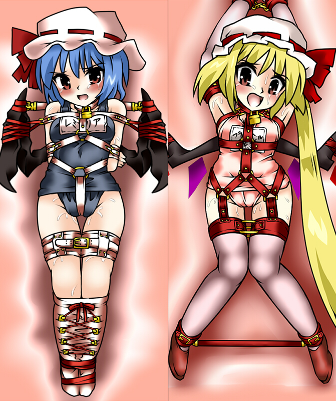lilish, flandre scarlet, remilia scarlet, touhou, 2girls, bdsm, bondage, bound, breast bondage, breasts, collar, cuffs, female focus, harness, legbinder, multiple girls, one-piece swimsuit, school swimsuit, siblings, sisters, slave, spreader bar, sweat, swimsuit, tears