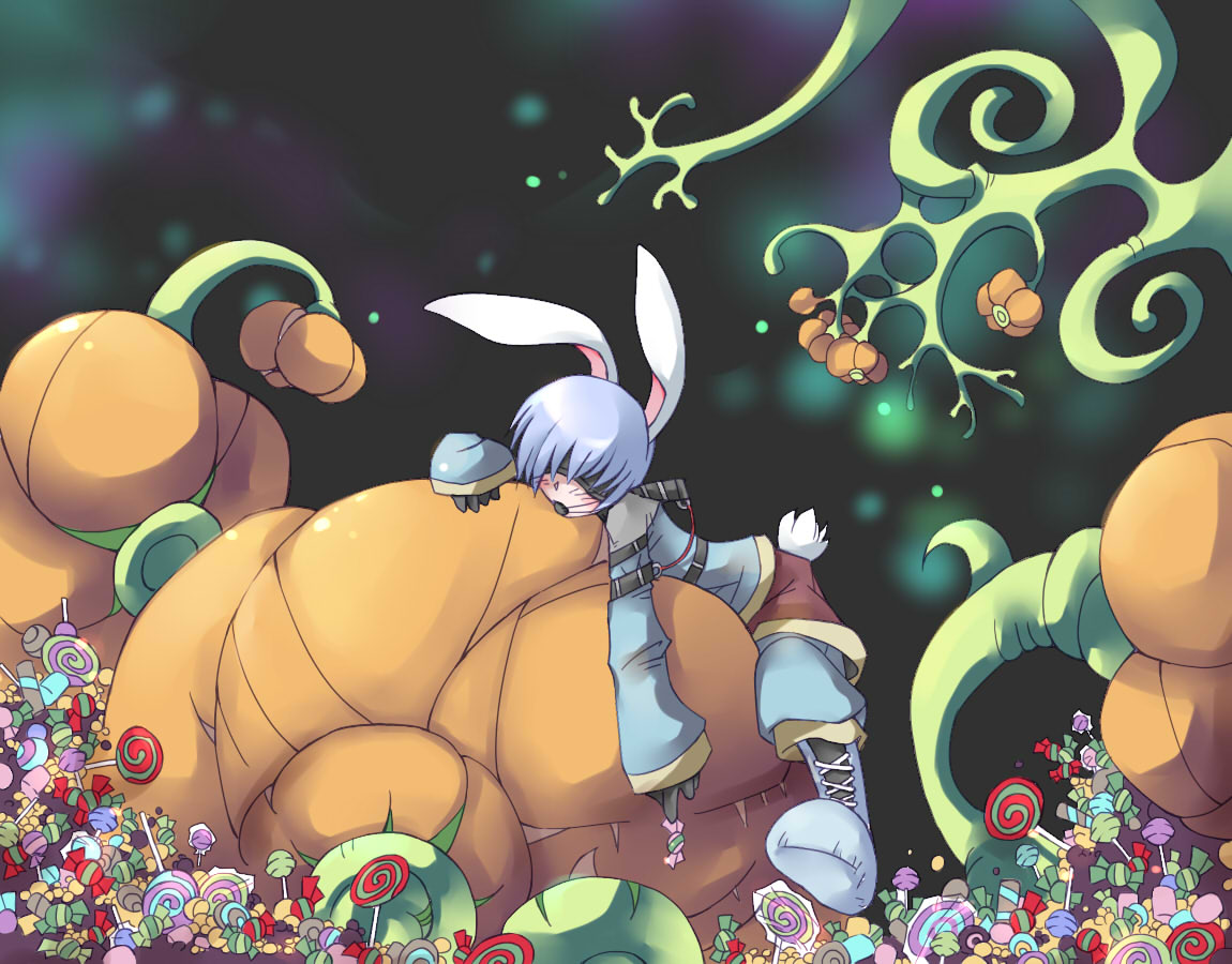 nhoyo, acolyte (ro2), ragnarok online 2: legend of the second, commentary request, 1boy, animal ears, black gloves, blindfold, blue boots, blue hair, blue shirt, boots, brown shorts, candy, candy cane, food, full body, gloves, male focus, plant, pumpkin, rabbit boy, rabbit ears, rabbit tail, shirt, shorts, solo, tail, vines, wrapped candy