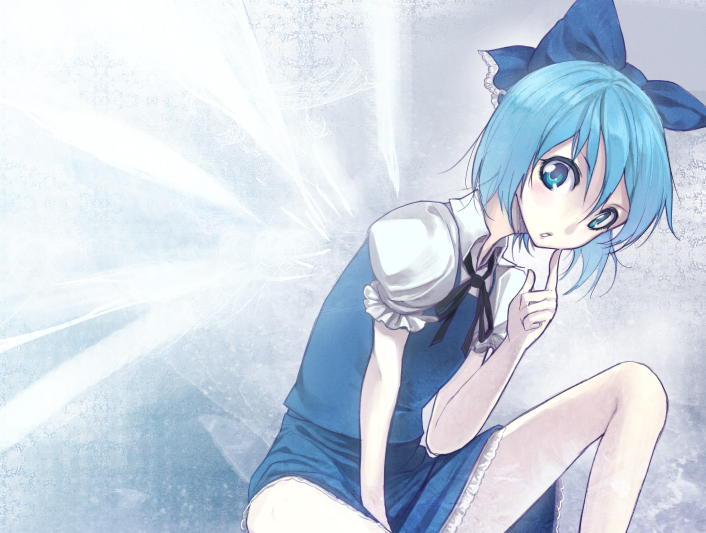 sasamori tomoe, cirno, embodiment of scarlet devil, touhou, bad id, bad pixiv id, 1girl, blue eyes, blue hair, bow, dress, female focus, gradient background, matching hair/eyes, ribbon, short hair, solo, wings