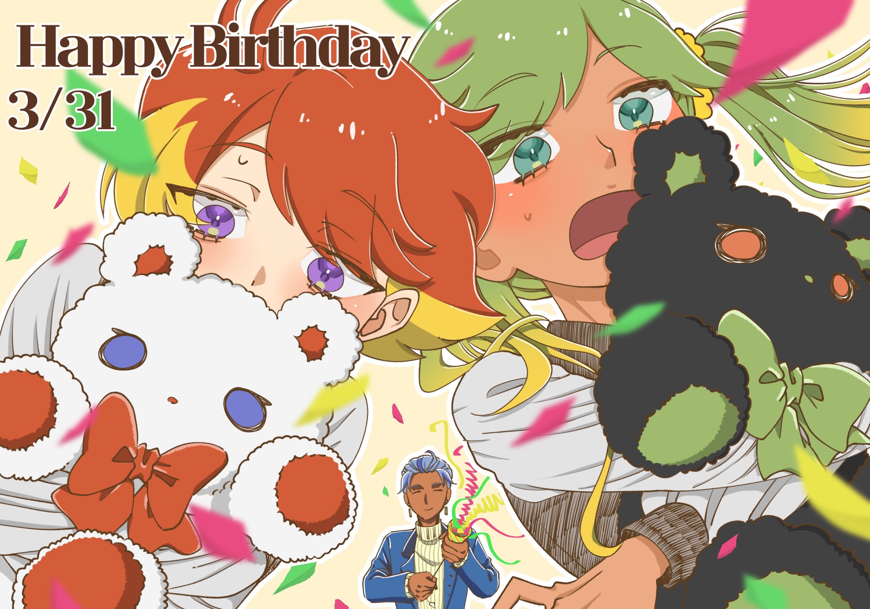 gekkan mousou kagaku, highres, 3boys, :o, blonde hair, blue hair, blue jacket, confetti, dark-skinned male, dark skin, dated, edward chi, green eyes, green hair, happy birthday, holding, holding stuffed toy, jacket, long hair, male focus, multicolored hair, multiple boys, noin (gekkan mousou kagaku), party popper, perch (gekkan mousou kagaku), purple eyes, red hair, ribbed sweater, sasamehairuzo, short hair, stuffed animal, stuffed toy, sweater, teddy bear, twintails, two-tone hair, upper body, yellow background