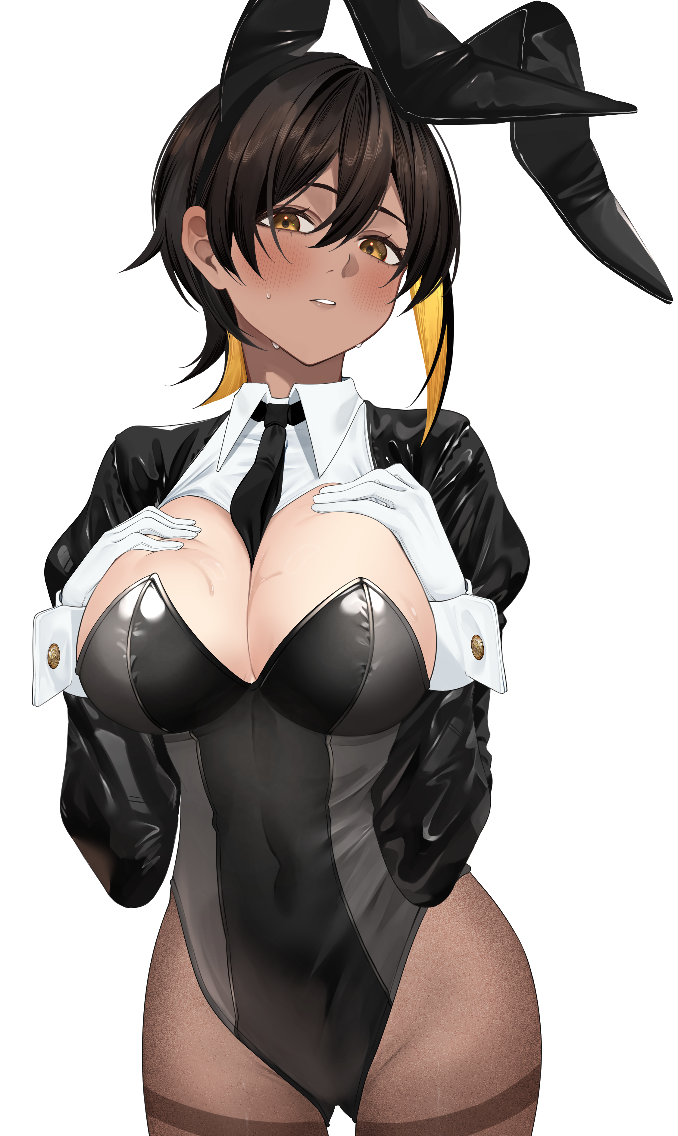 yuya (yuya illust), original, absurdres, commentary, highres, 1girl, animal ear hairband, animal ears, between breasts, black hair, black leotard, black necktie, black shrug, blonde hair, blush, breasts, chi-chan (yuya (yuya illust)), cleavage, collared shirt, colored inner hair, covered navel, dark-skinned female, dark skin, fake animal ears, gloves, hair between eyes, hairband, hand on own chest, highleg, highleg leotard, large breasts, leotard, looking at viewer, multicolored hair, necktie, necktie between breasts, pantyhose, parted lips, rabbit ear hairband, rabbit ears, shirt, short hair, shrug (clothing), simple background, solo, sweat, tan, tanline, thigh gap, thighband pantyhose, thighs, white background, white gloves, white wrist cuffs, wrist cuffs, yellow eyes