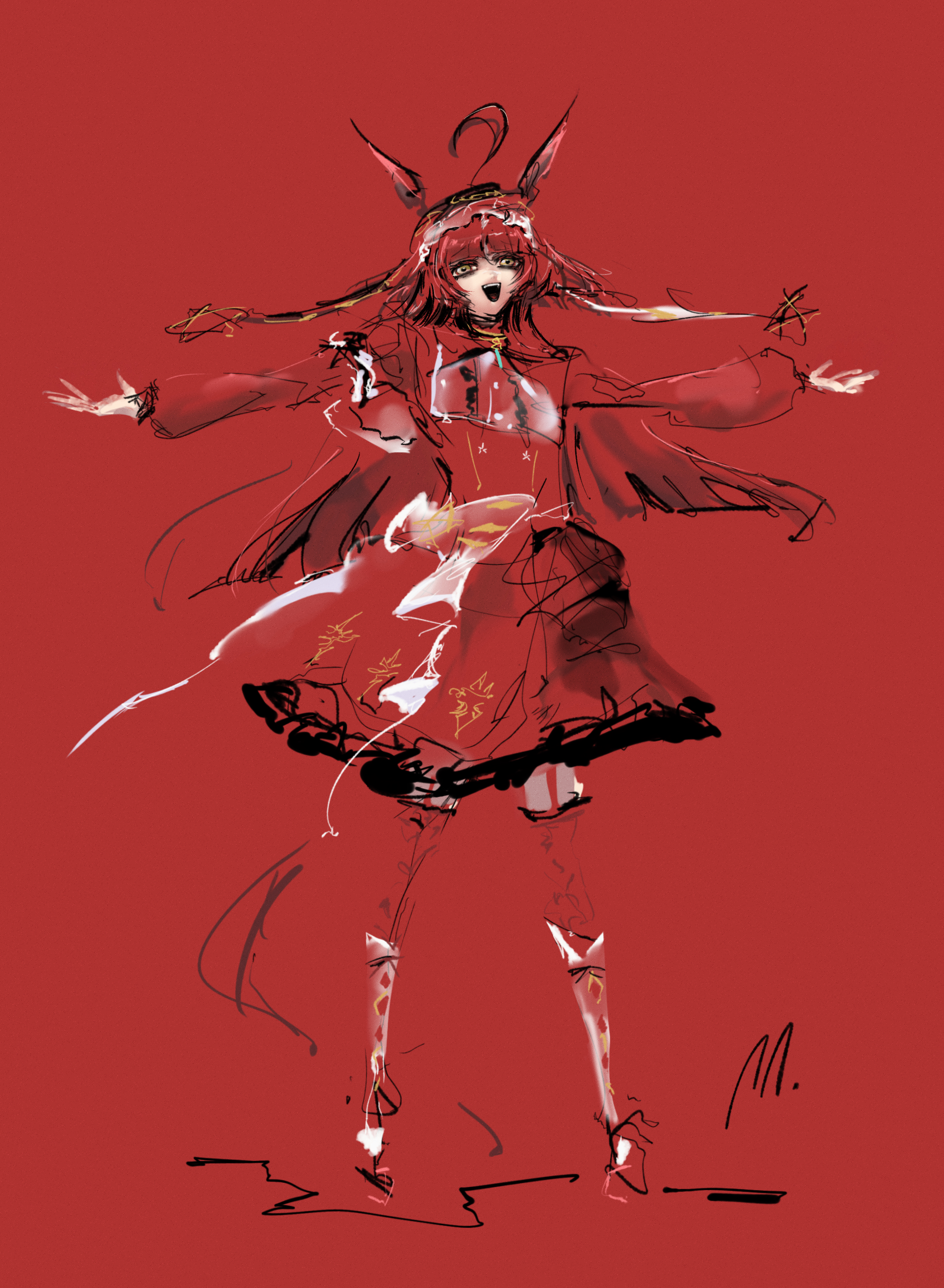 ringring (artist), umamusume, absurdres, highres, 1girl, ahoge, animal ears, artist name, blunt bangs, blunt ends, boots, dress, hairband, horse ears, horse girl, horse tail, long hair, long sleeves, open mouth, red background, red boots, red desire (umamusume), red dress, red eyes, red hair, red hairband, simple background, smile, solo, tail, very long hair