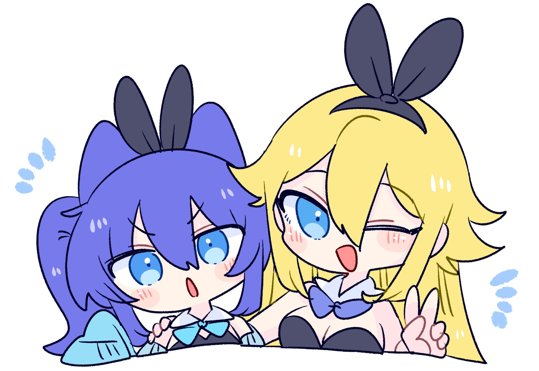 op na yarou, original, character request, commentary, highres, 2girls, :d, :o, animal ear hairband, animal ears, bare arms, bare shoulders, black hairband, black leotard, blonde hair, blue bow, blue bowtie, blue cardigan, blue eyes, blue hair, blush, borrowed character, bow, bowtie, breasts, cardigan, chibi, chibi only, cleavage, detached collar, fake animal ears, hair between eyes, hair ears, hairband, hand on another's shoulder, hand up, leotard, long hair, long sleeves, looking at viewer, medium breasts, multiple girls, no nose, off shoulder, one eye closed, one side up, open cardigan, open clothes, open mouth, playboy bunny, rabbit ear hairband, rabbit ears, raised eyebrows, sidelocks, simple background, sleeves past fingers, sleeves past wrists, smile, strapless, strapless leotard, upper body, v, v-shaped eyebrows, white background