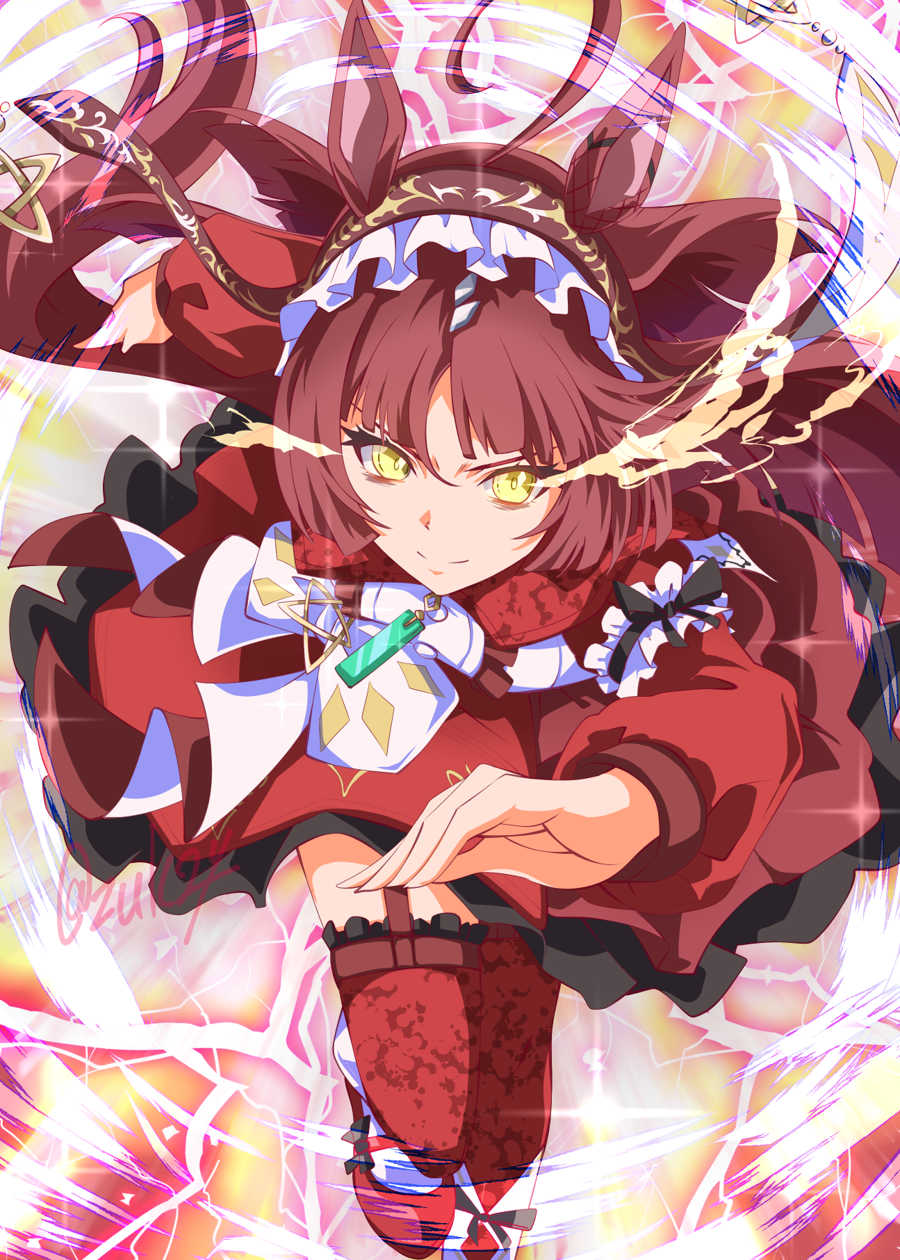 zukki (bijitaru), umamusume, highres, 1girl, animal ears, bags under eyes, blunt bangs, blunt ends, closed mouth, dress, eye trail, floating hair, garter straps, hairband, horse ears, horse girl, light trail, long hair, parted bangs, red desire (umamusume), red dress, red hairband, red thighhighs, running, solo, split mouth, thighhighs, twitter username, very long hair, yellow eyes