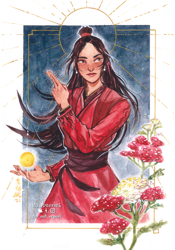 hawberries, wen qing, modao zushi, original, alt text, commentary, commission, english commentary, painting (medium), traditional media, watercolor (medium), 1girl, belt, black hair, blue background, border, brown eyes, brown hair, chinese clothes, closed mouth, cropped torso, earrings, flame print, flower, gold, golden core, hanfu, holding, holding needle, jewelry, long hair, long sleeves, needle, print robe, red belt, red flower, red hanfu, red robe, red tunic, robe, sash, signature, solo, standing, sun, sun halo, topknot, tunic, upper body, white border, white flower