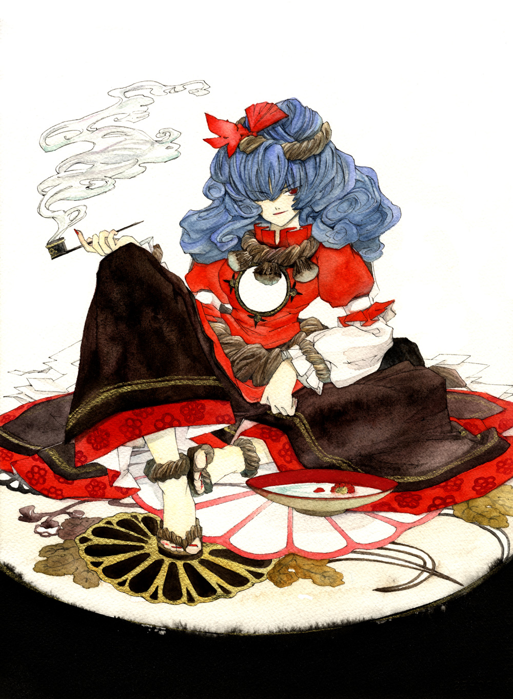 koyomiuta, yasaka kanako, touhou, bad id, bad pixiv id, highres, nib pen (medium), painting (medium), pen (medium), traditional media, watercolor (medium), 1girl, alternate hairstyle, blue hair, cup, female focus, kiseru, long hair, mirror, nail polish, one eye closed, red eyes, red nails, sakazuki, sandals, smoking, smoking pipe, solo, toenail polish, toenails, zouri