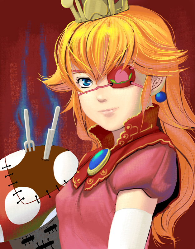 kouno (masao), princess peach, mario (series), nintendo, super princess peach, bad id, bad pixiv id, 1girl, alternate costume, crown, dress, earrings, eyepatch, female focus, fork, jewelry, knife, pink dress, solo, stitches, super mushroom