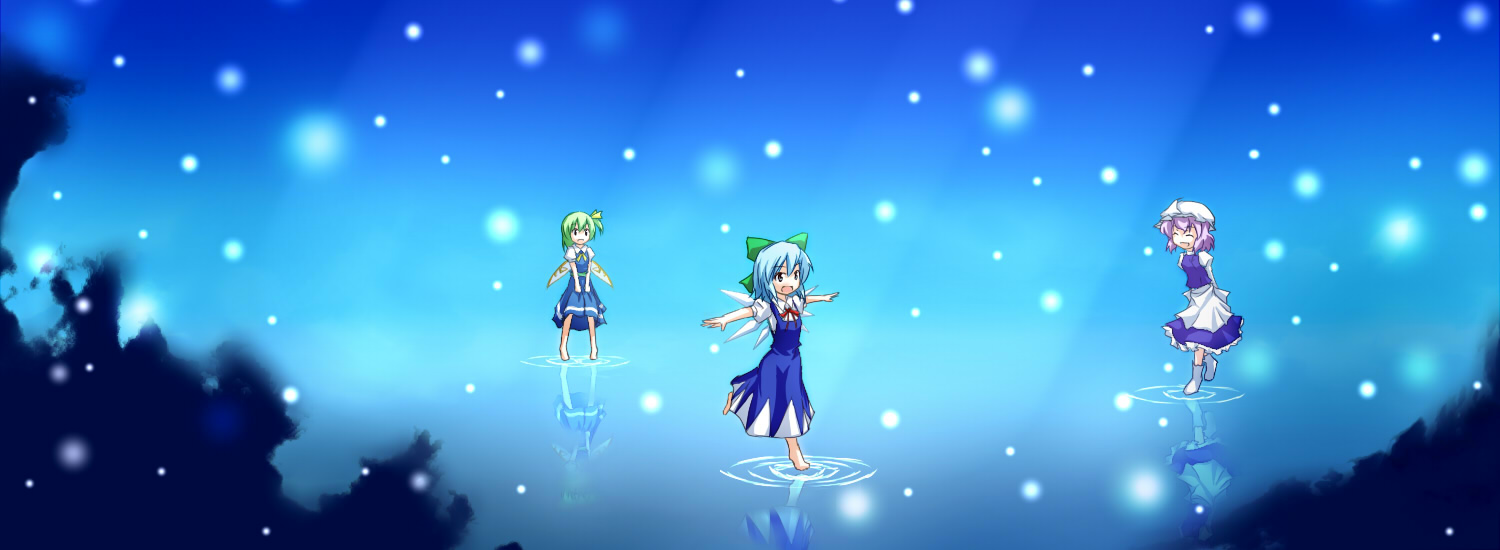 tsuyuki, tsuyuki (yukitgraph), cirno, daiyousei, letty whiterock, touhou, bad id, bad pixiv id, 3girls, apron, arms behind back, barefoot, blue dress, blue hair, bow, dress, fairy wings, female focus, green hair, hair bow, multiple girls, neck ribbon, outstretched arms, puffy short sleeves, puffy sleeves, purple hair, reflection, ribbon, short sleeves, side ponytail, skirt hold, spread arms, standing, standing on liquid, standing on one leg, tiptoes, waist apron, walking, walking on liquid, water, wings