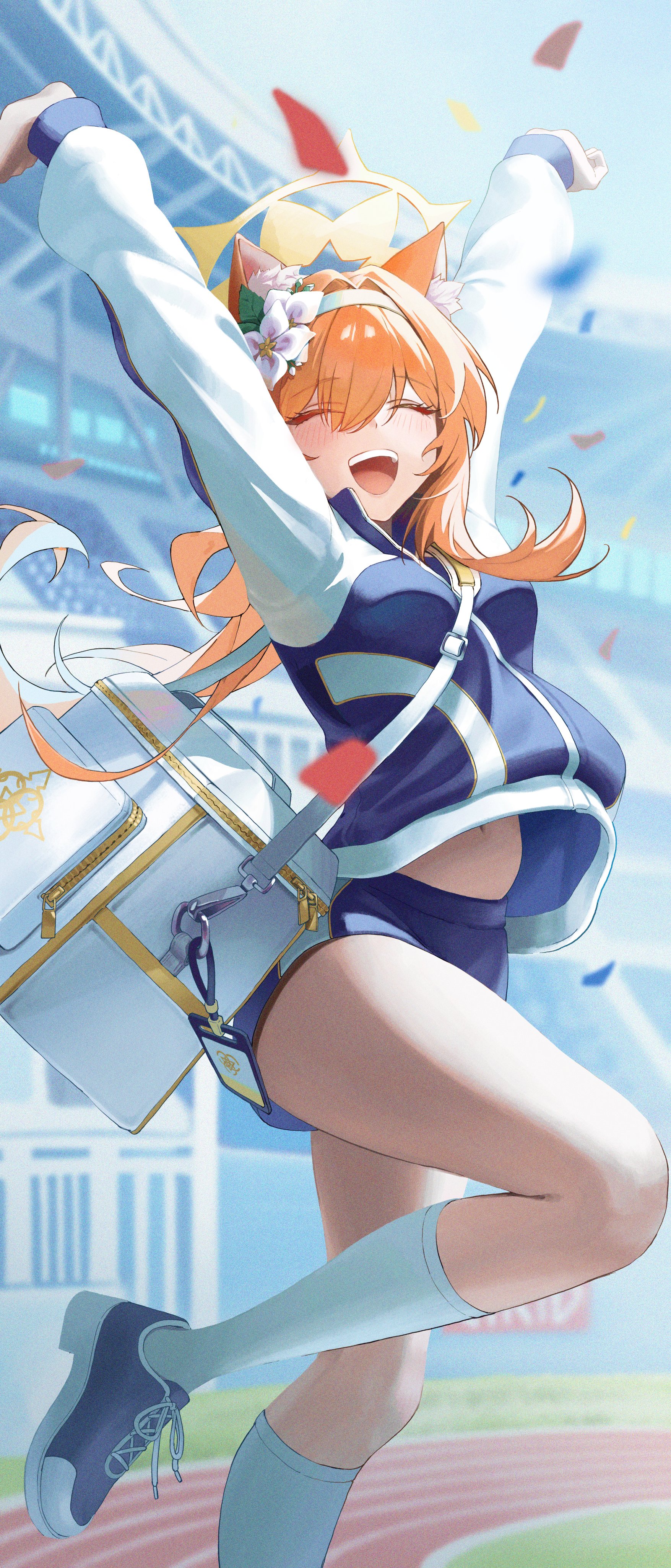 4meart0112, mari (blue archive), mari (track) (blue archive), blue archive, absurdres, commentary, highres, 1girl, animal ears, arms up, blue jacket, blue shorts, cat ears, closed eyes, confetti, flower, hair between eyes, hair flower, hair ornament, hairband, halo, jacket, knee up, multicolored jacket, navel, open mouth, orange hair, shorts, socks, solo, sportswear, standing, standing on one leg, stomach, teeth, track jacket, two-tone jacket, upper teeth only, white flower, white hairband, white socks, yellow halo