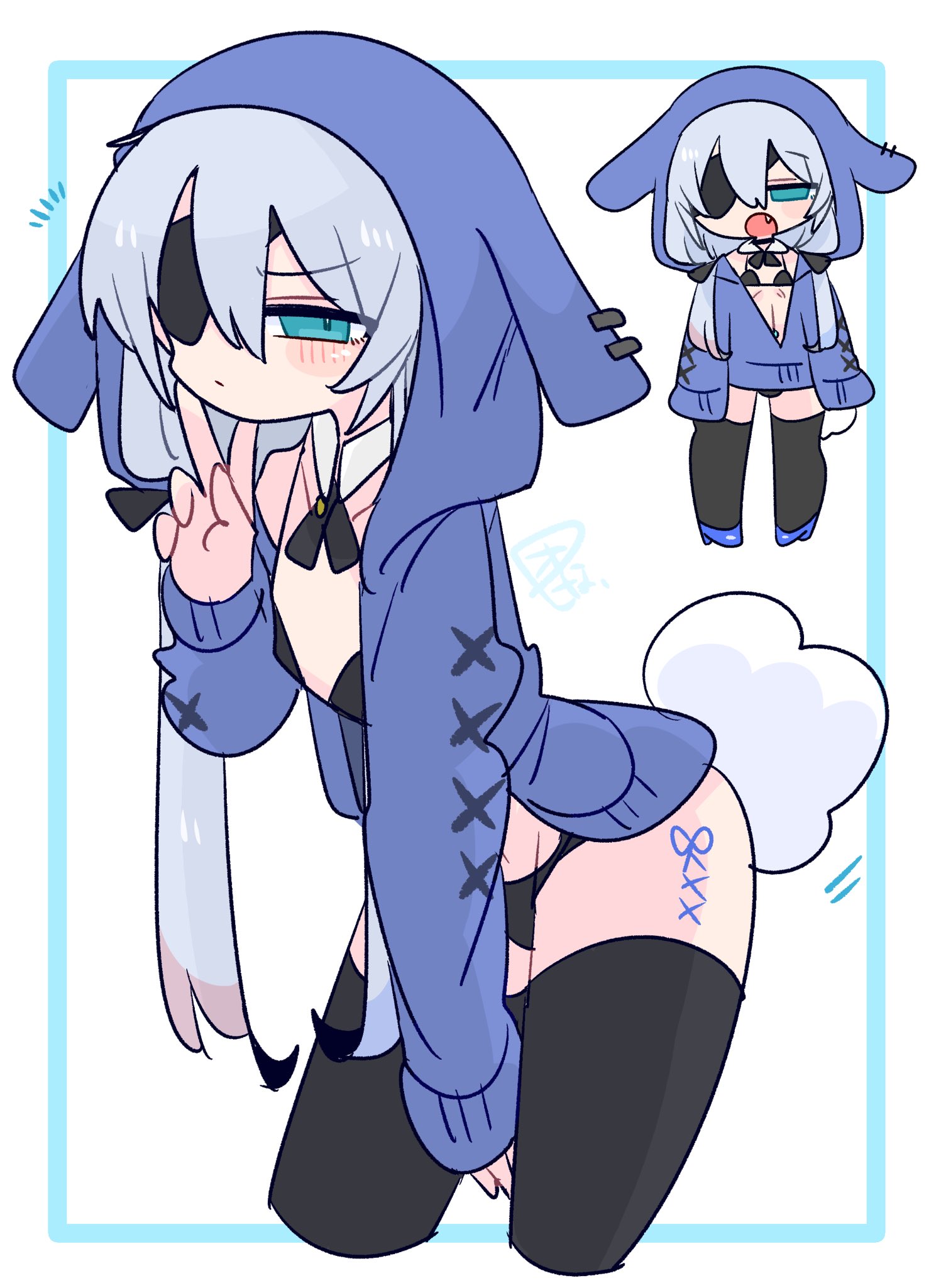 op na yarou, original, commentary, highres, 1boy, :/, :o, animal ear hood, arm between legs, bare shoulders, black bra, black panties, black ribbon, black thighhighs, blue cardigan, blue eyes, blue hair, blue shoes, blush, bow, bra, bulge, cardigan, chibi, collarbone, colored tips, contrapposto, cowboy shot, crossdressing, crossdressing (mtf), detached collar, double-parted bangs, eyepatch, fake animal ears, fang, flipped hair, full body, furrowed brow, hair between eyes, hair bow, hand up, high heels, hood, hood up, hooded cardigan, leaning forward, long hair, long sleeves, looking at viewer, male focus, midriff, multicolored hair, multiple views, narrowed eyes, navel, neck ribbon, no nose, one eye covered, open cardigan, open clothes, open mouth, panties, quad tails, rabbit boy, rabbit tail, red hair, ribbon, rigel (op na yarou), shoes, sidelocks, simple background, sleeves past fingers, sleeves past wrists, standing, straight hair, tail, thighhighs, thighs, trap, underwear, v, very long hair, watermark, white background, white hair