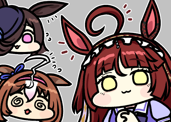 jazz jack, meisho doto (umamusume), rice shower (umamusume), umamusume, commentary, 3girls, @ @, ahoge, animal ears, blunt bangs, blush, blush stickers, bow, ear ornament, ear ribbon, ears down, frilled hairband, frills, grey background, hair over one eye, hairband, hat, horse ears, horse girl, huge ahoge, looking at viewer, multiple girls, outline, own hands clasped, own hands together, pink hairband, puffy short sleeves, puffy sleeves, purple eyes, purple hat, red desire (umamusume), red hair, red hairband, ringed eyes, sailor collar, school uniform, short sleeves, solid eyes, swept bangs, tilted headwear, tracen school uniform, trait connection, white sailor collar, wide face, yellow eyes