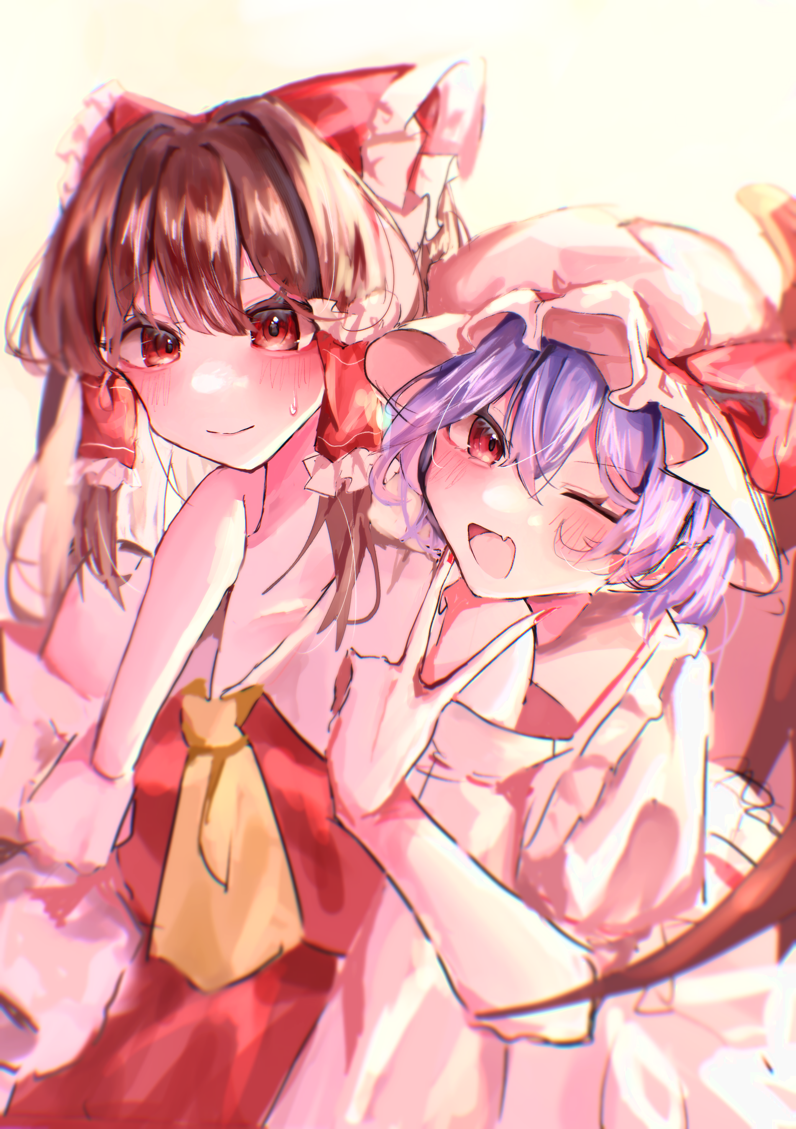 mikaruku, hakurei reimu, remilia scarlet, touhou, absurdres, highres, 2girls, arm around neck, ascot, bat wings, black hair, blush, bow, closed mouth, fang, frilled bow, frilled hat, frilled shirt collar, frills, hair between eyes, hair intakes, hair tubes, hat, hat ribbon, height difference, inward v, long hair, mob cap, multiple girls, nail polish, one eye closed, open mouth, pink hat, pink shirt, pink skirt, purple hair, red bow, red eyes, red nails, red ribbon, red shirt, red skirt, ribbon, shirt, sidelocks, simple background, skin fang, skirt, sleeveless, sleeveless shirt, smile, sweat, v, white background, wings, yellow ascot, yuri