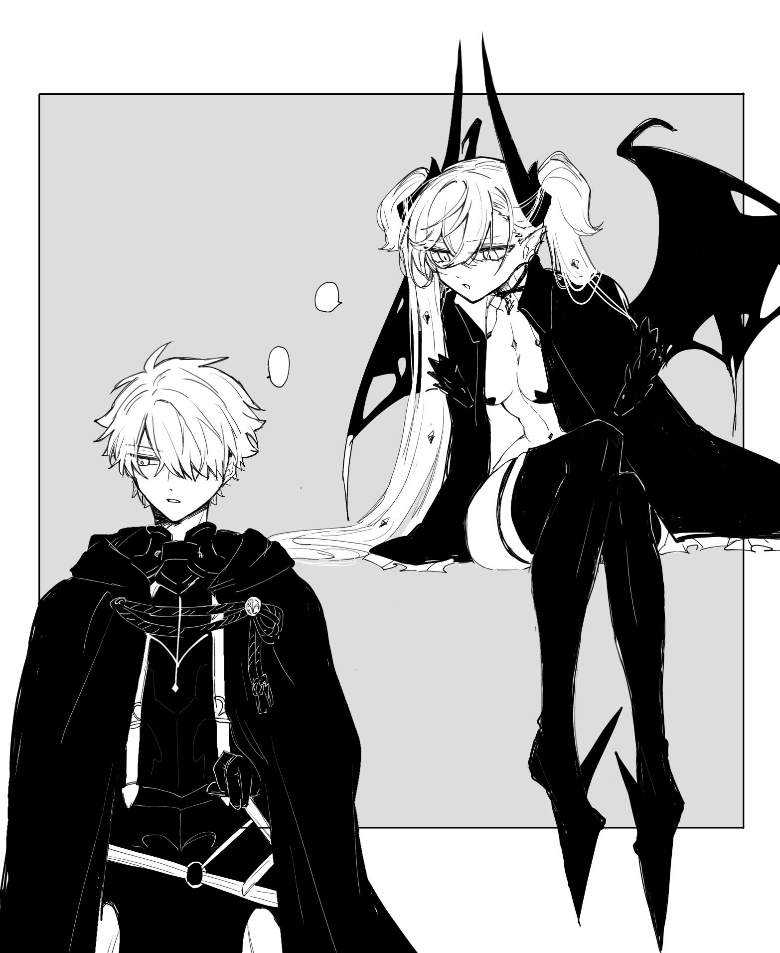 mo (aabx315), galahad (fate), lilith (fate), fate/grand order, fate (series), commentary request, highres, 1boy, 1girl, armor, border, breastplate, breasts, cape, covered erect nipples, demon girl, demon horns, demon wings, greyscale, hair over one eye, horns, knight, long hair, looking at another, medium breasts, monochrome, one eye covered, outside border, pointy ears, short hair, sitting, twintails, wings
