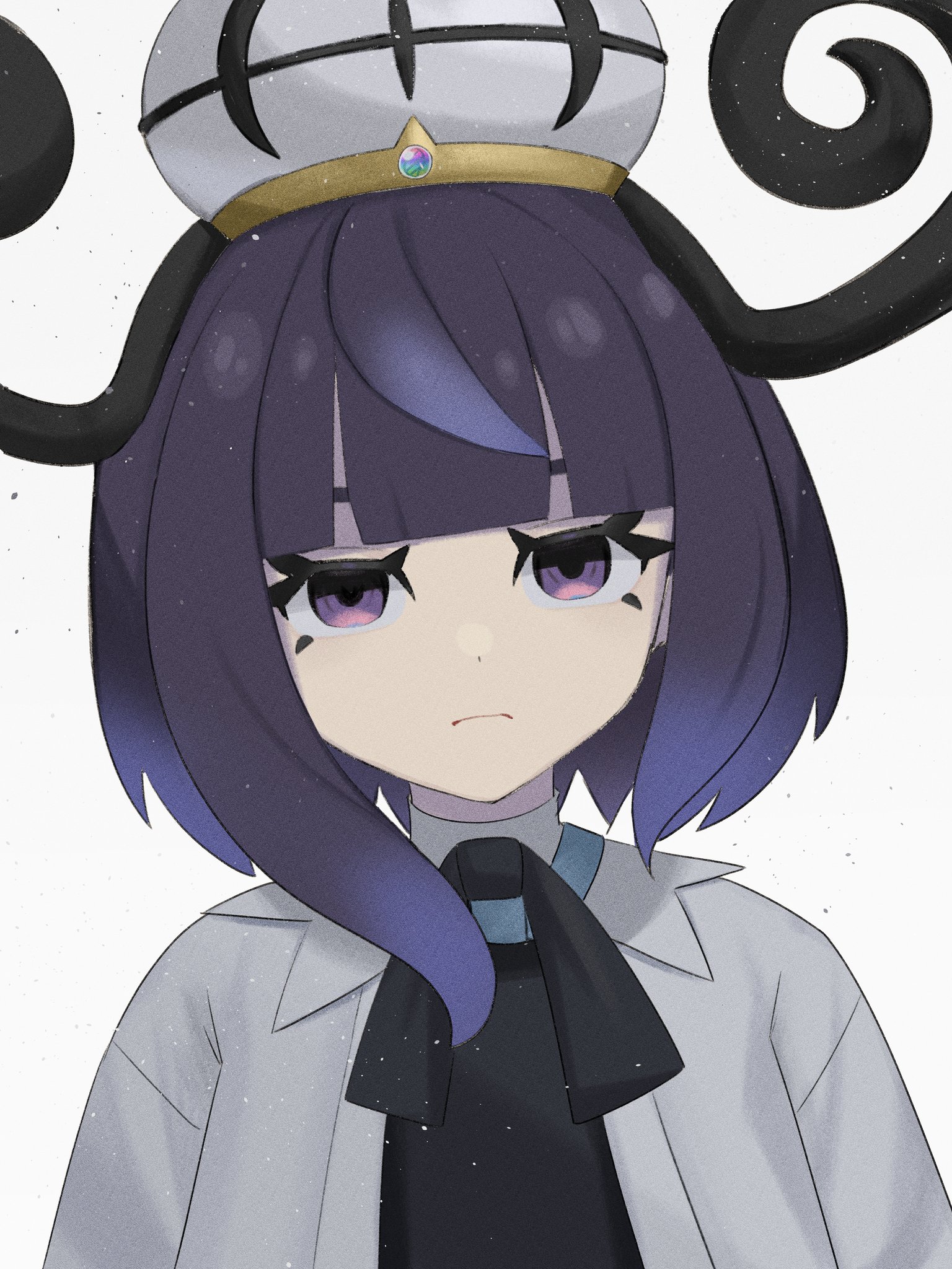 pucipumpkin, gwynn (pokemon), nintendo, pokemon, pokemon legends: z-a, highres, 1girl, black hair, blunt bangs, closed mouth, gradient hair, jacket, looking at viewer, mega stone, multicolored hair, open clothes, open jacket, purple eyes, purple hair, solo, upper body, white background, white jacket