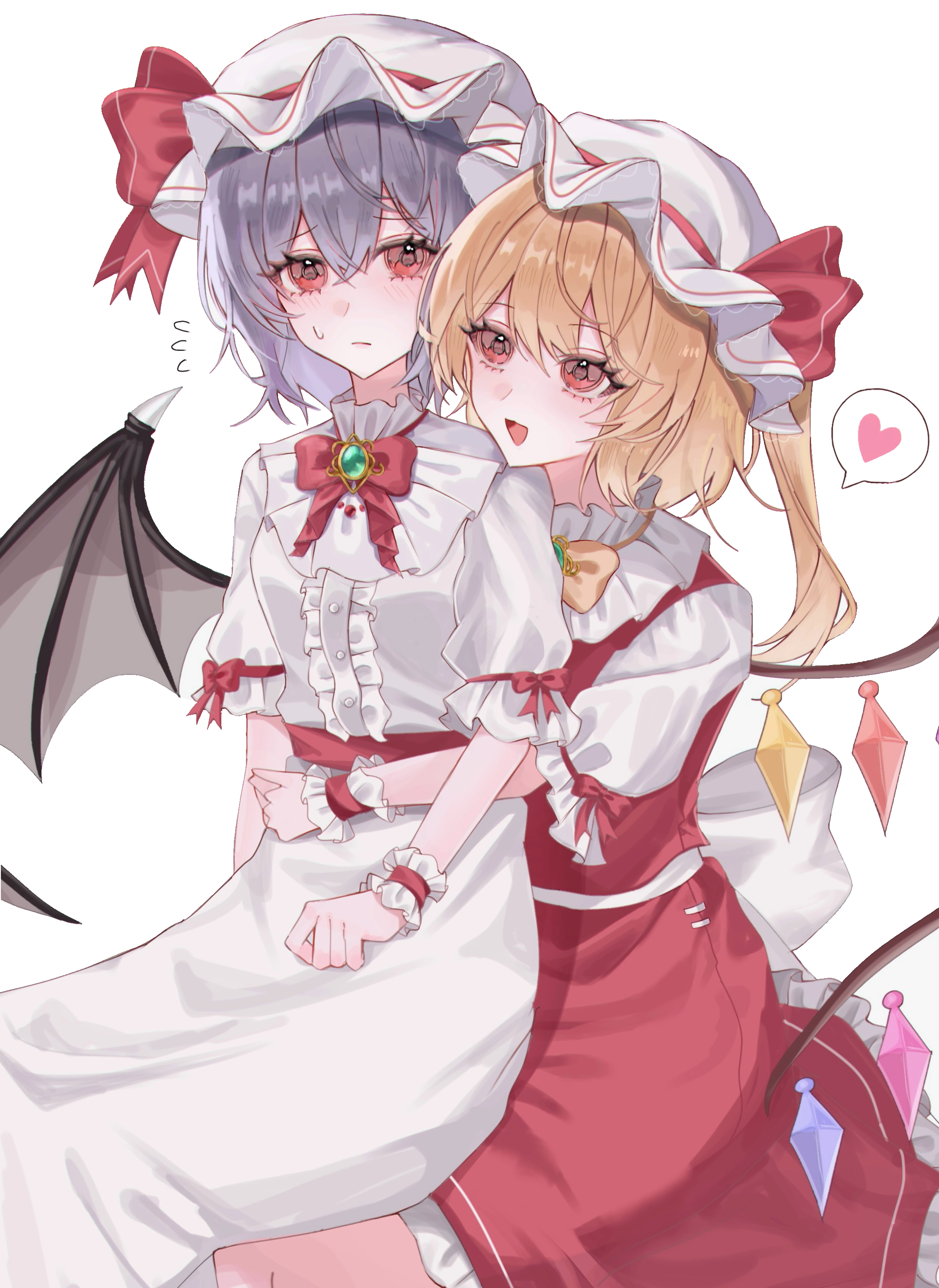 tomura amane, flandre scarlet, remilia scarlet, touhou, absurdres, highres, 2girls, arm around waist, bat wings, blonde hair, blush, bow, bowtie, breasts, closed mouth, crystal wings, flustered, flying sweatdrops, frilled cuffs, frilled hat, frilled sleeves, frills, frown, hair between eyes, hat, hat ribbon, heart, long hair, looking at another, mob cap, multiple girls, one side up, open mouth, pink shirt, pink skirt, puffy short sleeves, puffy sleeves, purple hair, red bow, red bowtie, red eyes, red ribbon, red skirt, red vest, ribbon, shirt, short hair, short sleeves, simple background, sitting, sitting on lap, sitting on person, skirt, sleeveless, sleeveless shirt, small breasts, smile, spoken heart, vest, white background, white hat, white shirt, wings, wrist cuffs, yuri