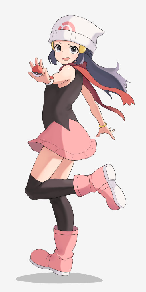 hiyoshipow, dawn (pokemon), nintendo, pokemon, 1girl, beanie, blue hair, boots, bracelet, dress, full body, grey eyes, hat, holding, holding poke ball, jewelry, open mouth, pink boots, poke ball, poke ball print, red scarf, scarf, simple background, sleeveless, sleeveless dress, smile, solo, standing, standing on one leg, white hat