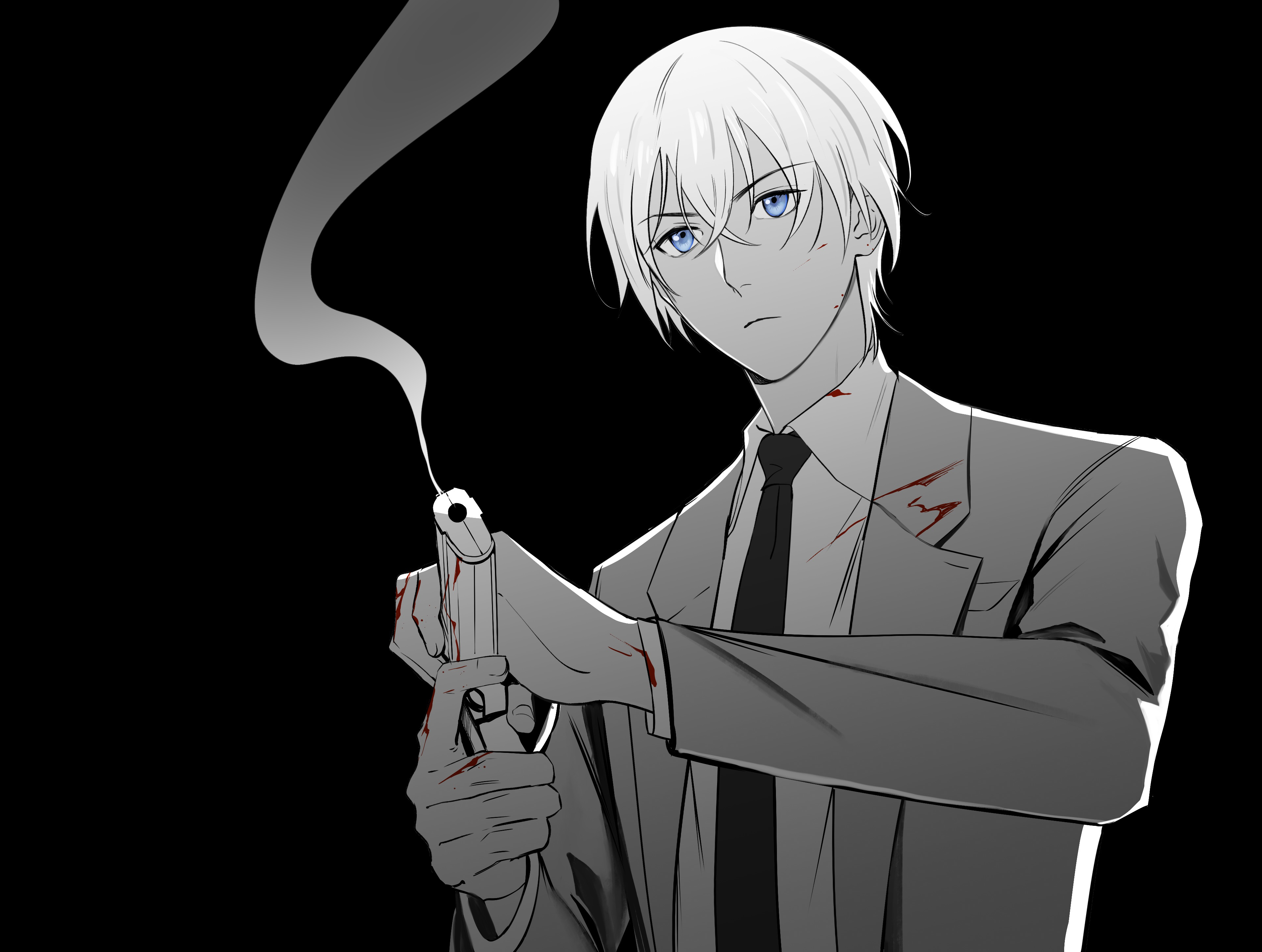 kotomine (a1569), amuro tooru, meitantei conan, absurdres, commentary request, highres, 1boy, black background, blood, blood on clothes, blue eyes, closed mouth, collared shirt, crossed bangs, frown, greyscale, gun, handgun, jacket, long sleeves, looking at viewer, male focus, monochrome, necktie, shirt, short hair, simple background, smoke, smoking barrel, solo, spot color, weapon