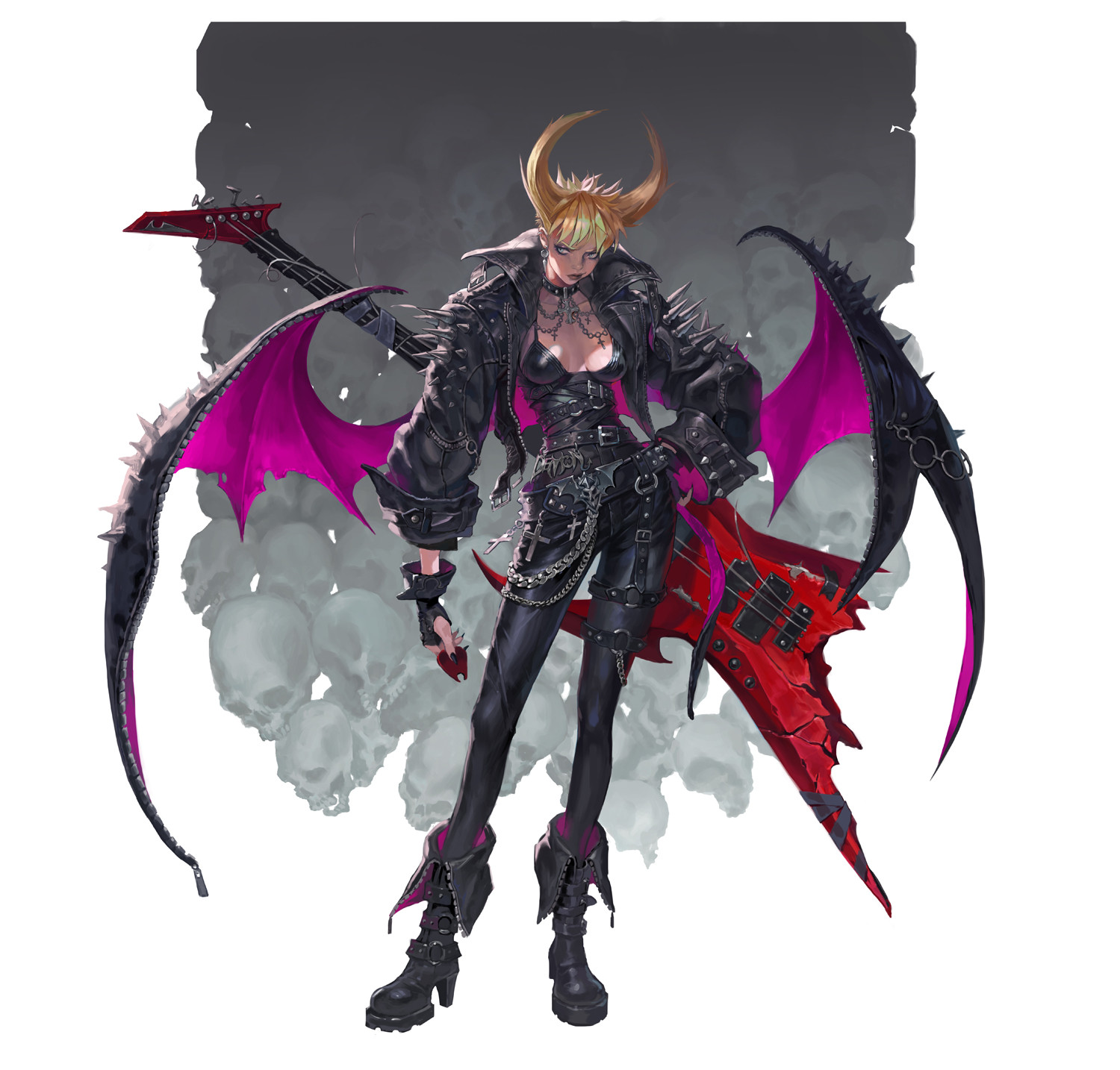 sunju woo, highres, 1girl, belt, blonde hair, boots, breasts, buckle, bullet, chain, cross, demon wings, ear piercing, electric guitar, fingerless gloves, full body, gloves, gradient background, grey background, guitar, hair horns, hand on own hip, instrument, jacket, jewelry, leather, leather jacket, lips, medium breasts, necklace, o-ring, piercing, serious, skull, spiked hair, torn wings, wings