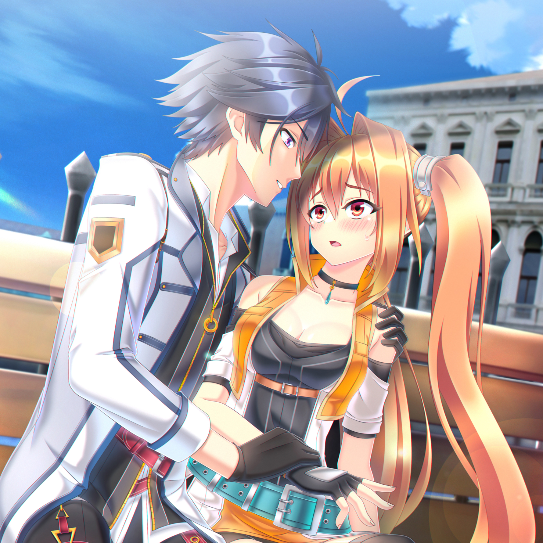 ganerz, estelle bright, rean schwarzer, eiyuu densetsu, sen no kiseki (series), commentary, commission, english commentary, highres, second-party source, 1boy, 1girl, ahoge, antenna hair, bare shoulders, bench, black gloves, black hair, blue sky, blush, breasts, brown hair, building, cleavage, close-up, cloud, coat, cropped jacket, detached sleeves, double-parted bangs, embarrassed, fingerless gloves, front zipper, gloves, hair between eyes, hair intakes, hug, long hair, long sleeves, medium breasts, mullet, outdoors, park bench, parted bangs, pendant choker, purple eyes, red eyes, short hair, sitting, sky, very long hair