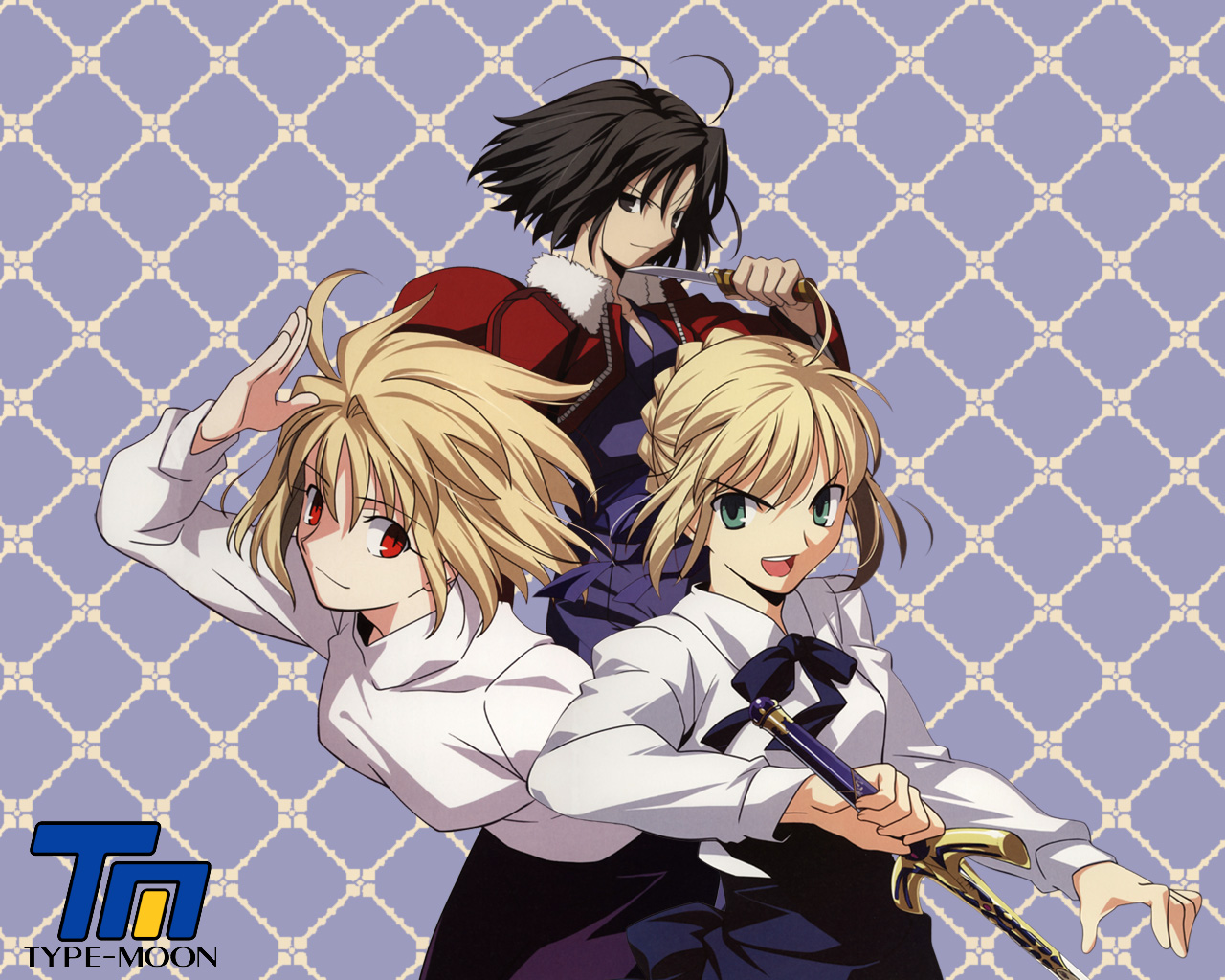 takeuchi takashi, arcueid brunestud, artoria pendragon (fate), ryougi shiki, saber (fate), fate/stay night, fate (series), kara no kyoukai, tsukihime, type-moon, 00s, 3girls, ahoge, black hair, blonde hair, brown eyes, brown hair, company connection, dress, excalibur (fate/stay night), fur collar, fur trim, green eyes, hair ribbon, jacket, japanese clothes, kimono, knife, medium hair, multiple girls, obi, ponytail, purple skirt, red eyes, red jacket, ribbon, sash, skirt, sweater, sword, weapon