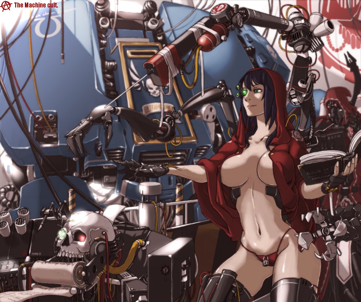 circle a, adeptus mechanicus, skull probe, tech priest, ultramarines, warhammer 40k, 1boy, 1girl, animification, black thighhighs, blue hair, blurry, book, breasts, breasts apart, cable, chastity belt, cloak, cowboy shot, cyborg, depth of field, dreadnought (warhammer 40k), fingerless gloves, g-string, gloves, glowing, glowing eyes, holding, hood, large breasts, light smile, lock, long hair, mask, mecha, navel, no bra, open clothes, open shirt, outstretched arm, outstretched hand, padlock, panties, red eyes, red panties, robot, scroll, shirt, skull, smile, space marine, standing, stomach, thick thighs, thighhighs, thighs, thong, underwear, wide hips, wide sleeves