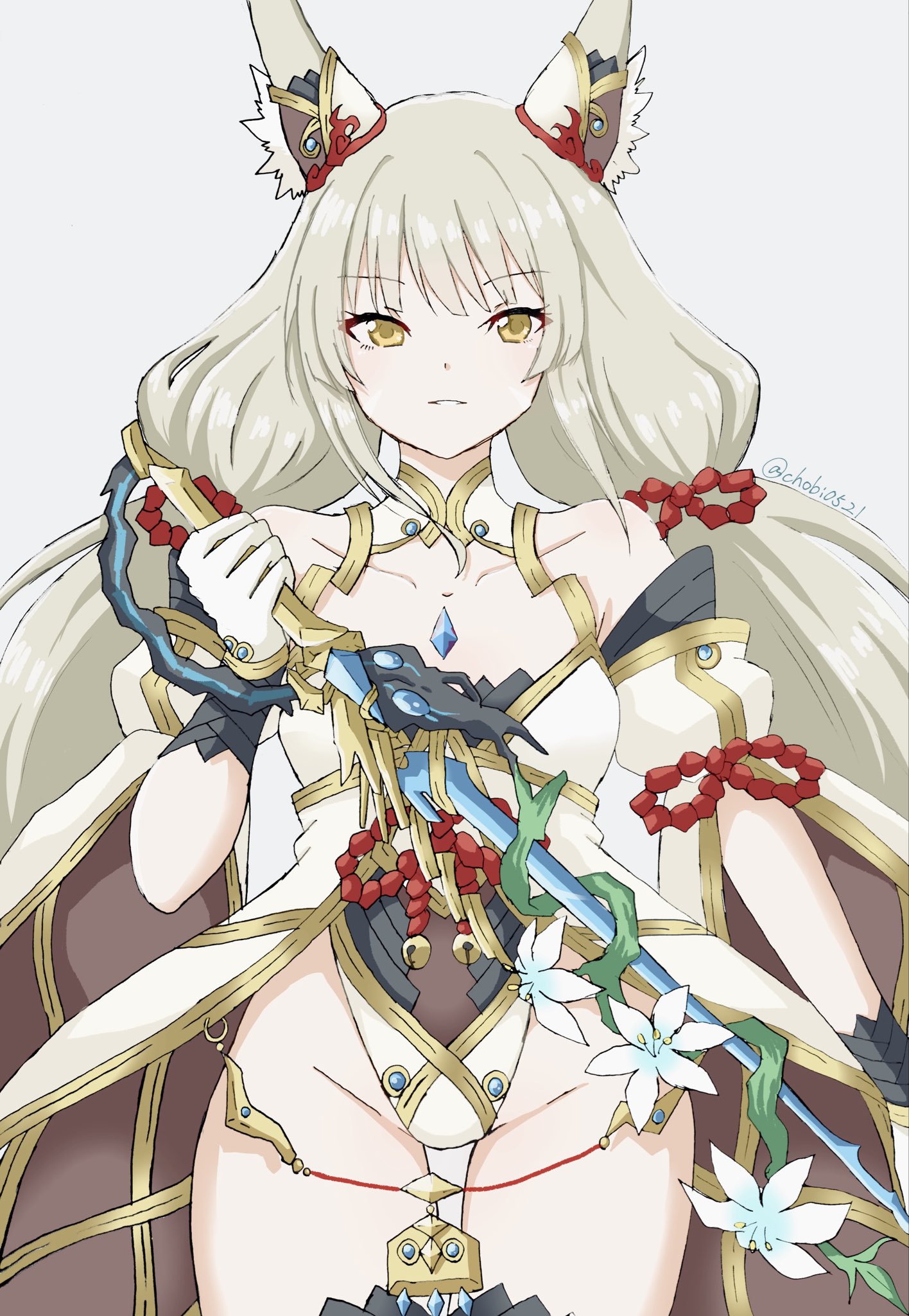 chobi0521, nia (blade) (xenoblade), nia (xenoblade), xenoblade chronicles (series), xenoblade chronicles 2, highres, 1girl, animal ears, cat ears, chest jewel, detached sleeves, facial mark, gloves, grey hair, highleg, highleg leotard, holding, holding sword, holding weapon, jewelry, leotard, long hair, looking at viewer, low twintails, solo, sword, twintails, very long hair, weapon, white gloves, yellow eyes