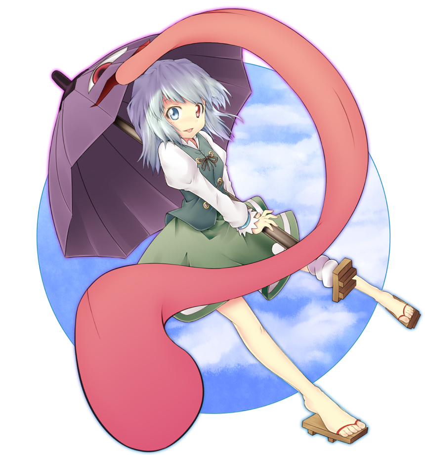 hazumi otoya, tatara kogasa, touhou, 1girl, :p, blue eyes, blue hair, cloud, feet, female focus, full body, geta, heterochromia, karakasa obake, red eyes, sandals, short hair, sky, solo, tongue, tongue out, umbrella