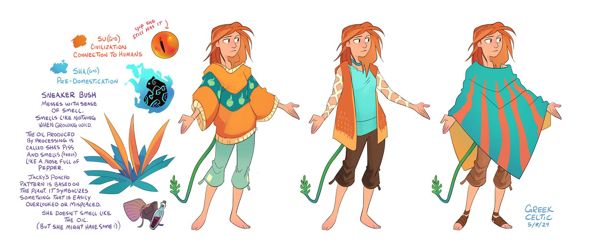 highres, 1girl, aqua poncho, aqua tank top, barefoot, blue pants, bottle, breasts, brown pants, brown sandals, dated, english text, full body, greekceltic, jacky (greekceltic), medium hair, multiple persona, orange hair, orange poncho, orange sweater, orange vest, pants, poncho, sandals, signature, simple background, sweater, tail, tank top, vest