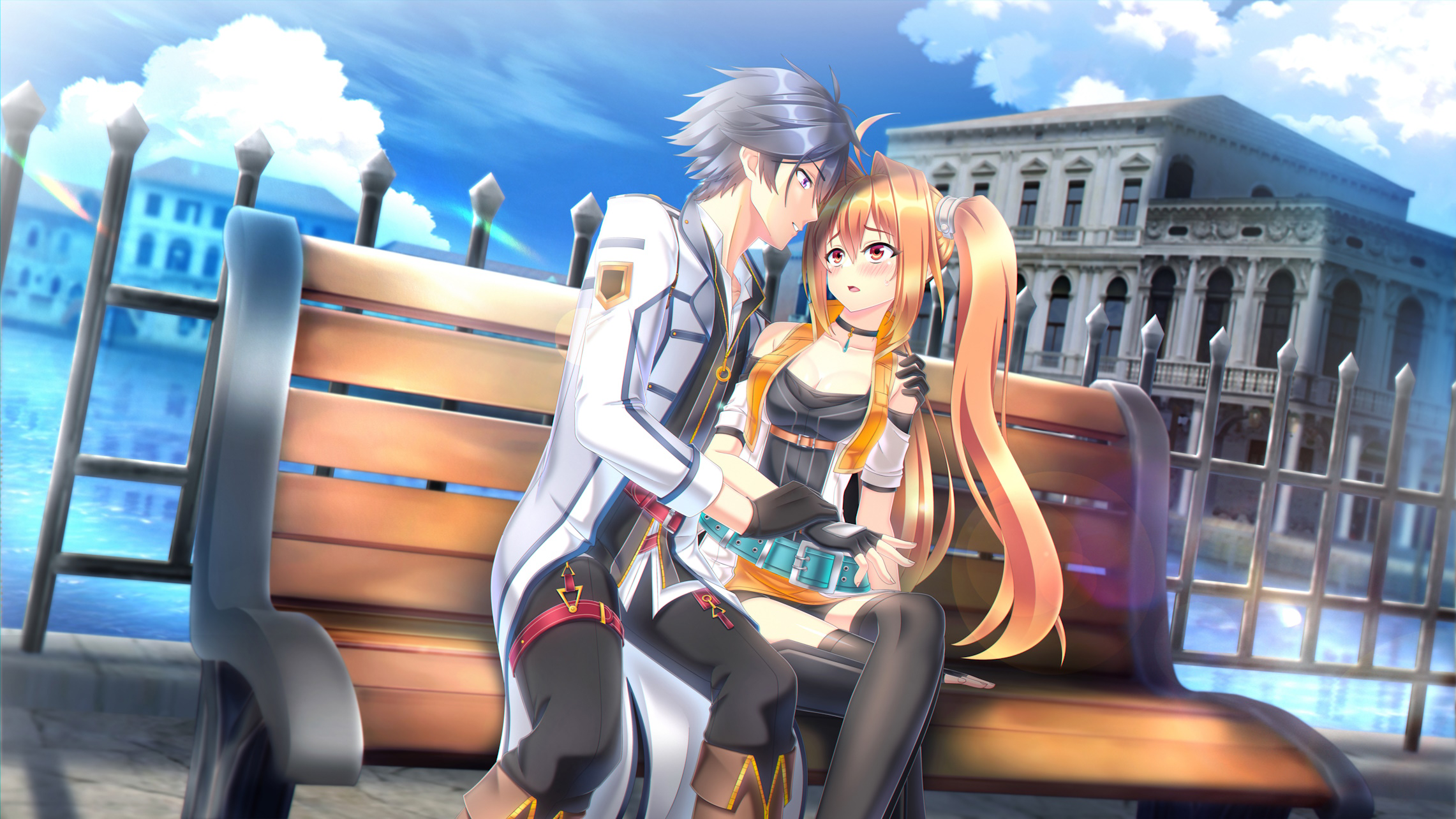 ganerz, estelle bright, rean schwarzer, eiyuu densetsu, sen no kiseki (series), commentary, commission, english commentary, highres, second-party source, 1boy, 1girl, ahoge, antenna hair, bare shoulders, bench, bike shorts, bike shorts under skirt, black gloves, black hair, black pants, black shorts, black socks, blue sky, blush, breasts, brown hair, building, cleavage, cloud, coat, cropped jacket, detached sleeves, double-parted bangs, embarrassed, fingerless gloves, front zipper, gloves, hair between eyes, hair intakes, hug, long hair, long sleeves, medium breasts, mullet, outdoors, over-kneehighs, pants, park bench, parted bangs, pendant choker, purple eyes, red eyes, river, short hair, shorts, shorts under skirt, sitting, skirt, sky, socks, thighhighs, very long hair