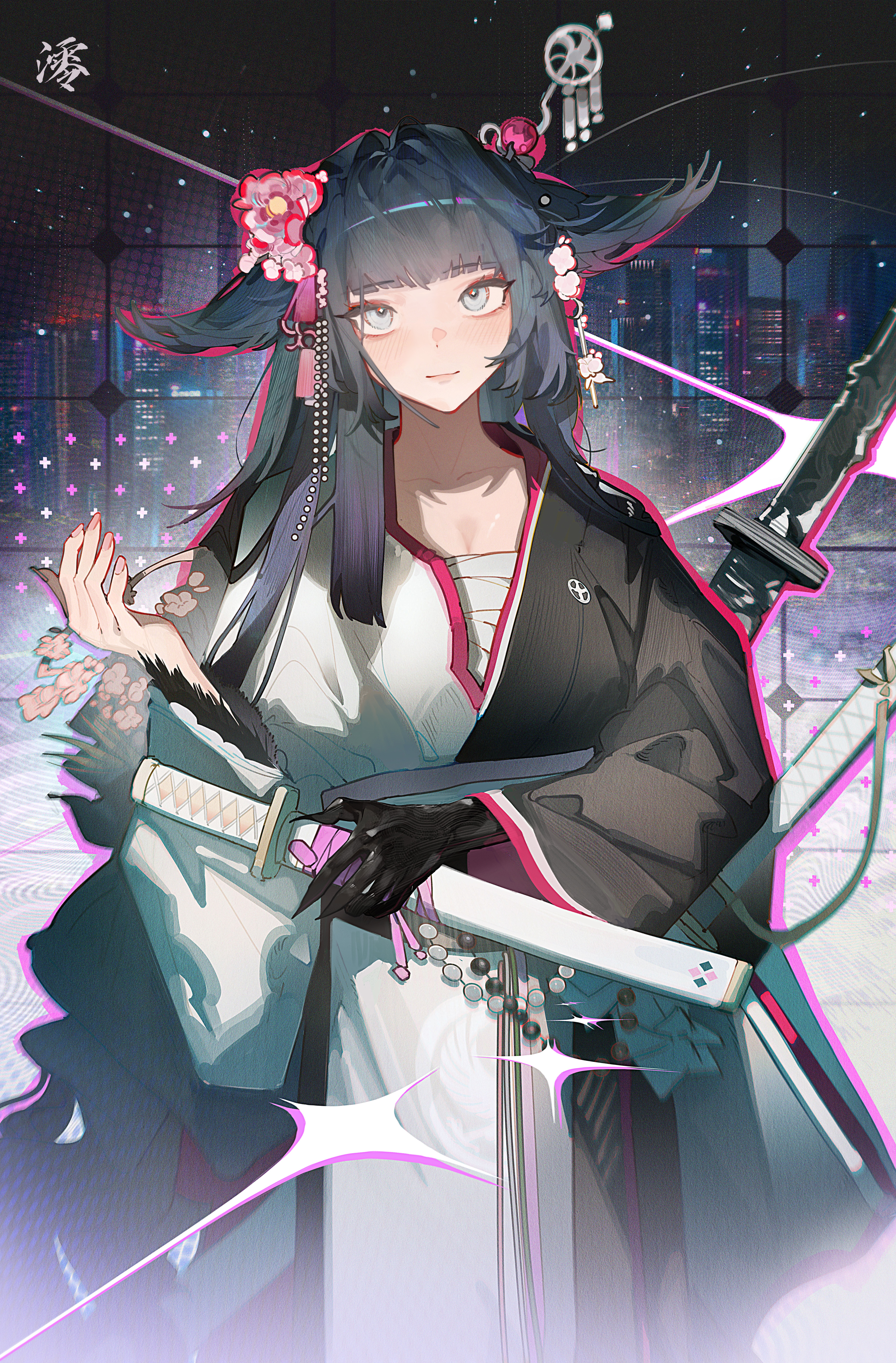 huajiaohaibao, mio (arknights), arknights, absurdres, chinese commentary, commentary request, highres, 1girl, black hair, black kimono, blue eyes, breasts, chest sarashi, cityscape, cleavage, drop shadow, feet out of frame, flower, hair flower, hair ornament, japanese clothes, kimono, long hair, looking at viewer, medium breasts, night, night sky, pink flower, sarashi, sheath, sheathed, sky, smile, solo, star (sky), starry sky, sword, sword on back, two-tone kimono, very long hair, weapon, weapon on back, white kimono, window