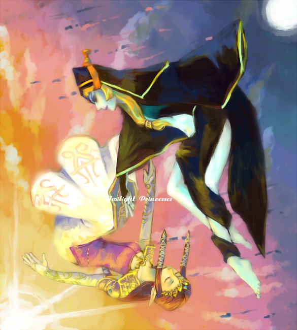 yo mo, midna, midna (true), princess zelda, nintendo, the legend of zelda, the legend of zelda: twilight princess, spoilers, 2girls, barefoot, copyright name, crown, dress, female focus, multiple girls